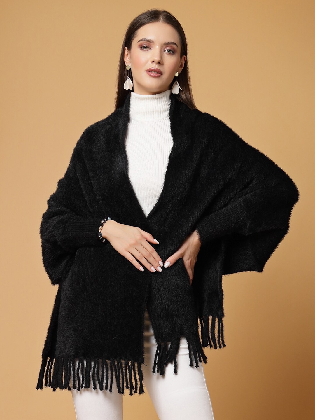 

Mafadeny Women Longline Poncho with Fringed Detail, Black