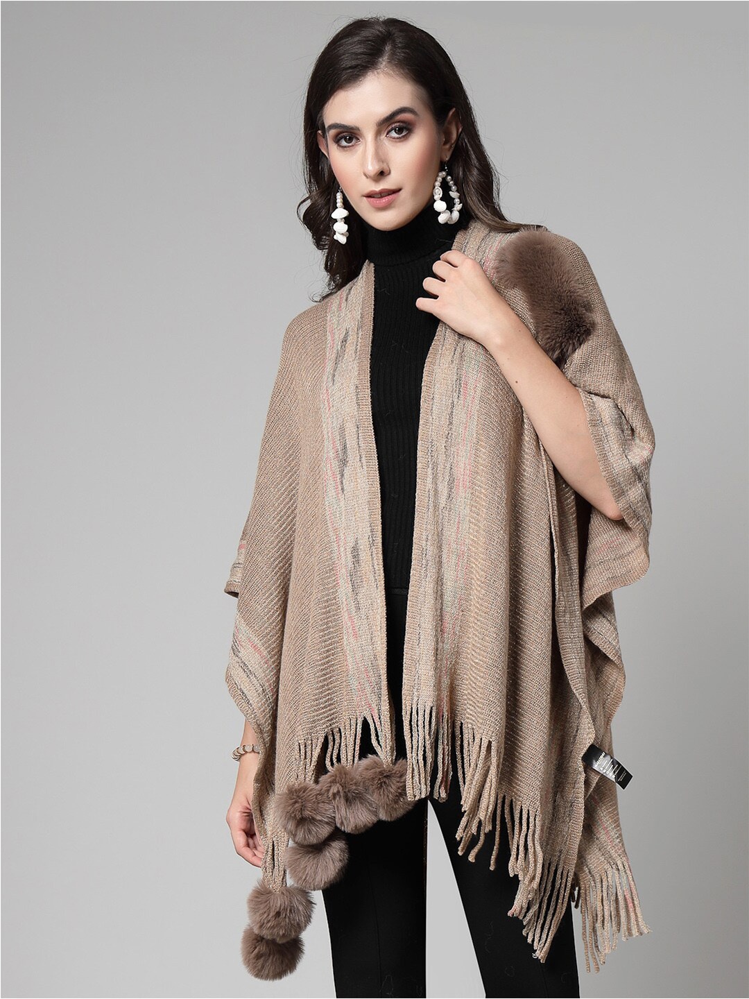 

Mafadeny V-Neck Poncho with Fringed Detail, Camel brown