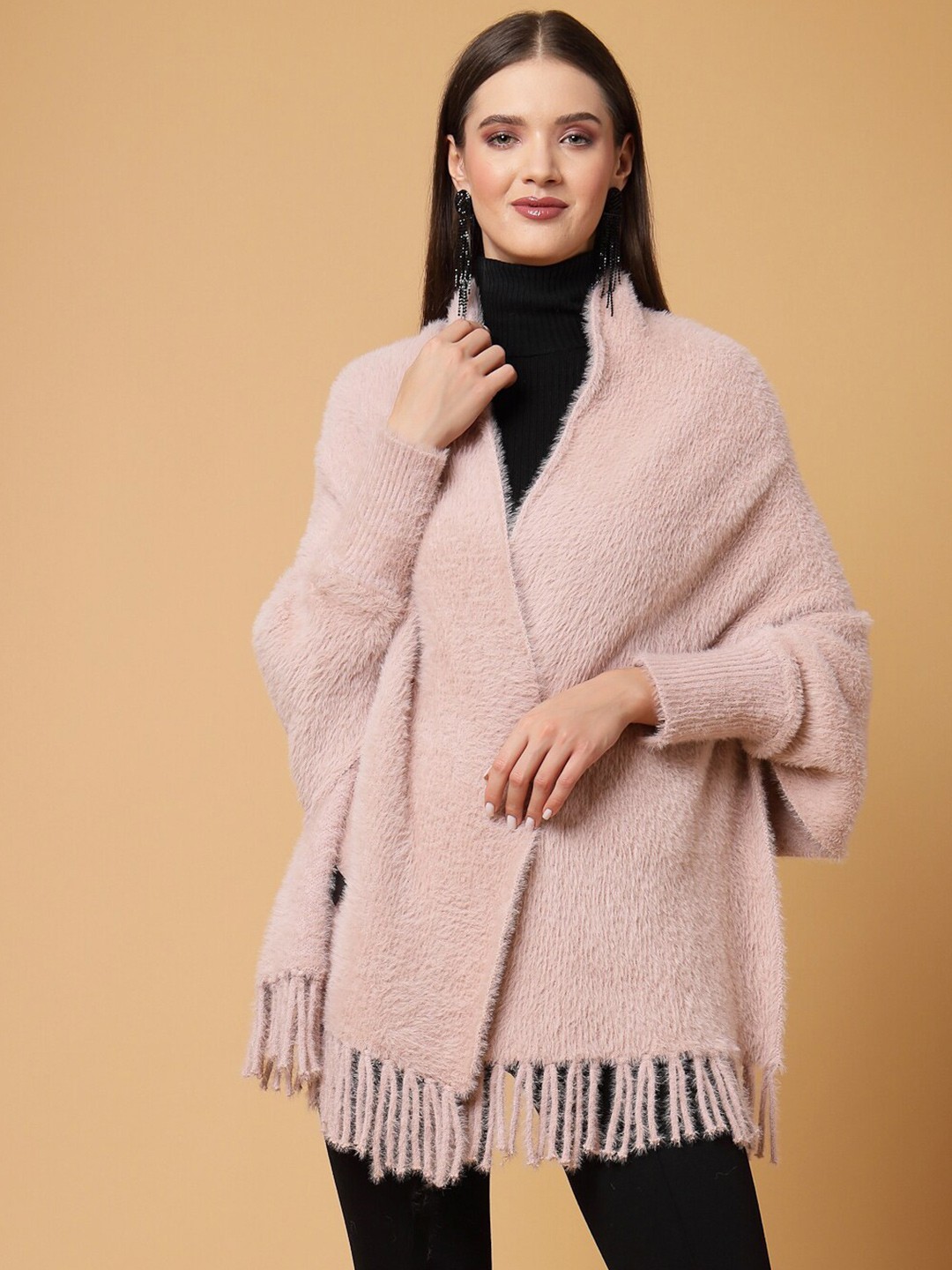 

Mafadeny Self Design Tasselled Open Front Poncho, Peach