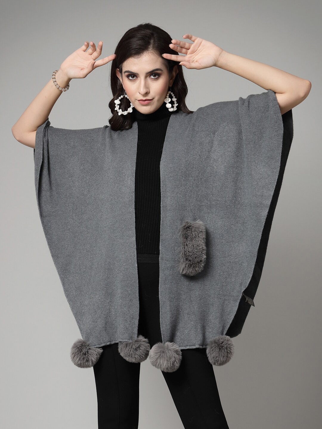 

Mafadeny Women Solid Longline Poncho, Grey