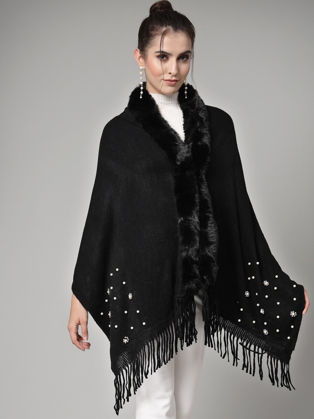 

Mafadeny V-Neck Fuzzy Longline Poncho, Black