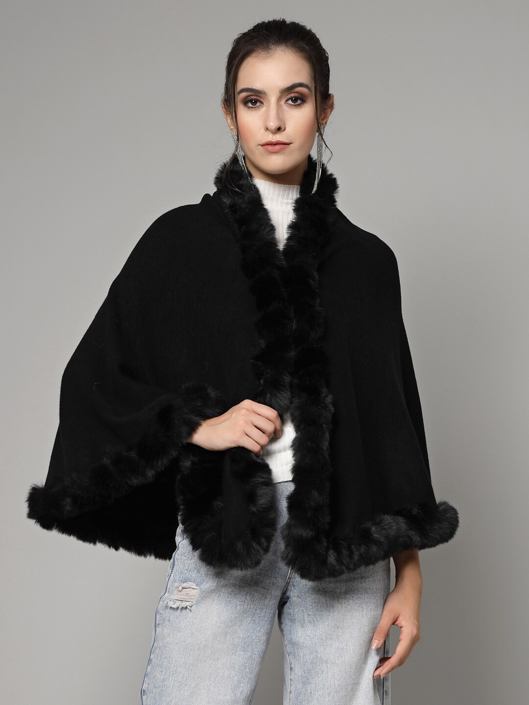 

Mafadeny Women Solid Longline Poncho, Black
