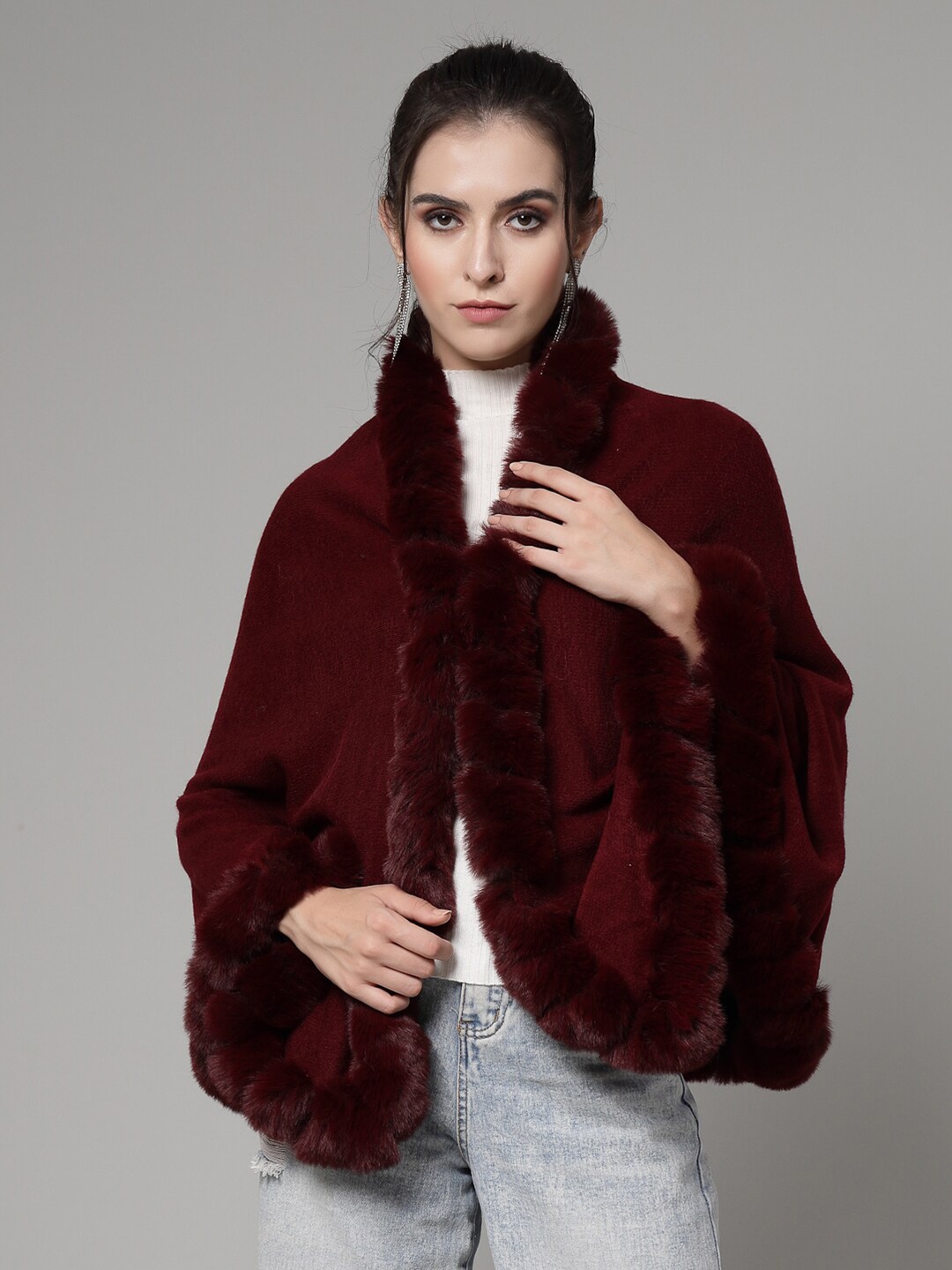 

Mafadeny V-Neck Fuzzy Longline Poncho, Maroon