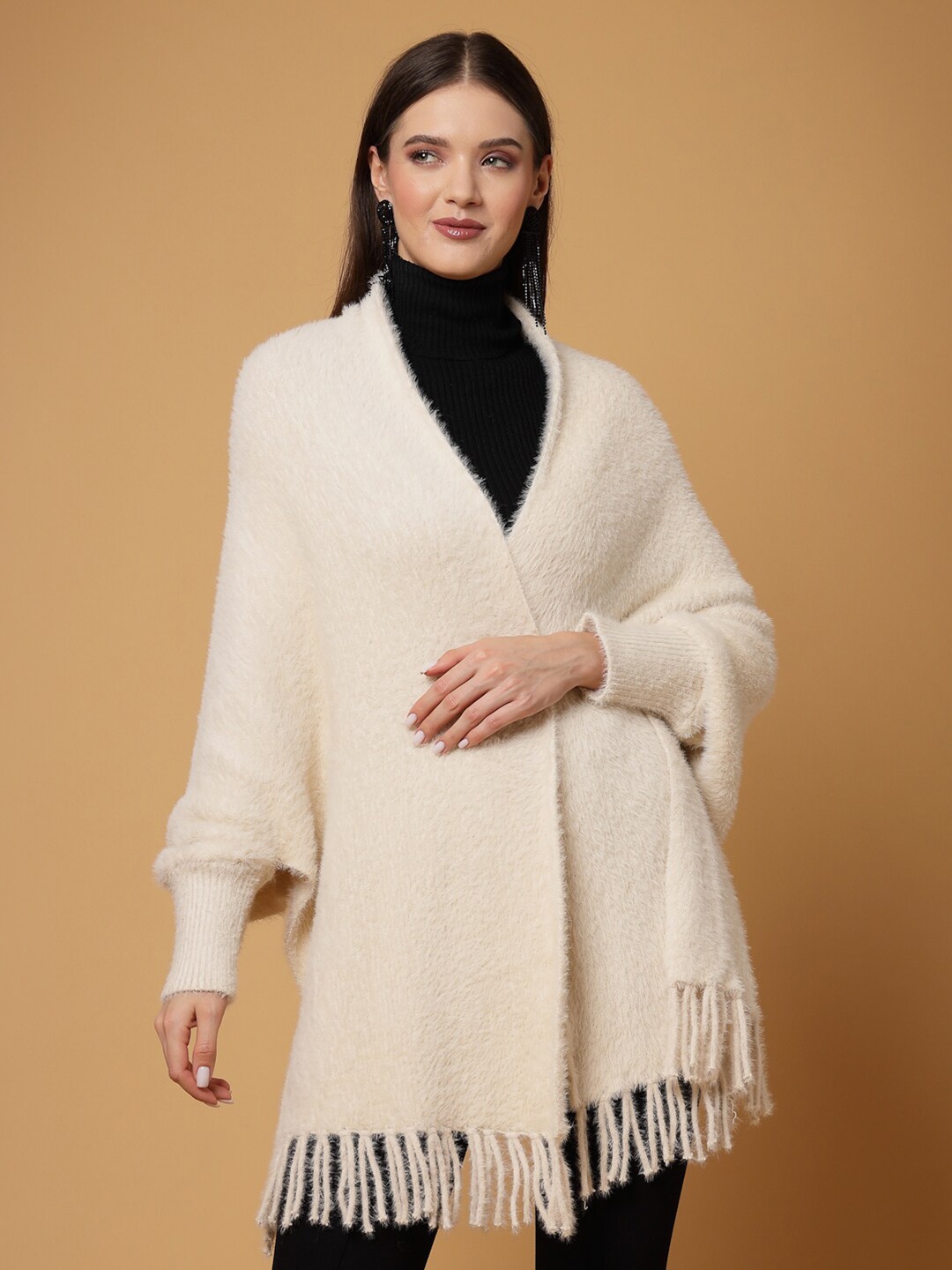 

Mafadeny Self Design Tasselled Open Front Poncho, Cream