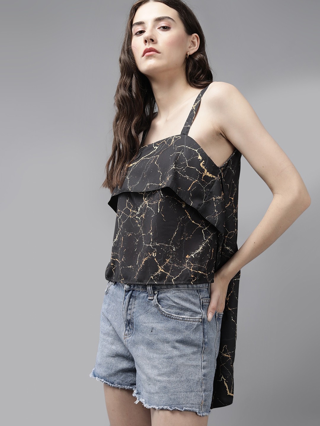 

Roadster Abstract Printed Shoulder Straps Top, Black