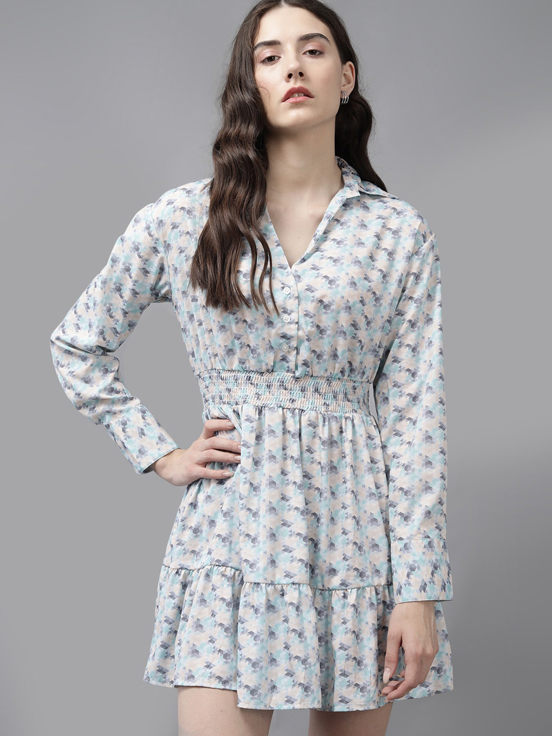 

Roadster Abstract Printed Shirt Collar Fit & Flare Gathered or Pleated Dress, Off white