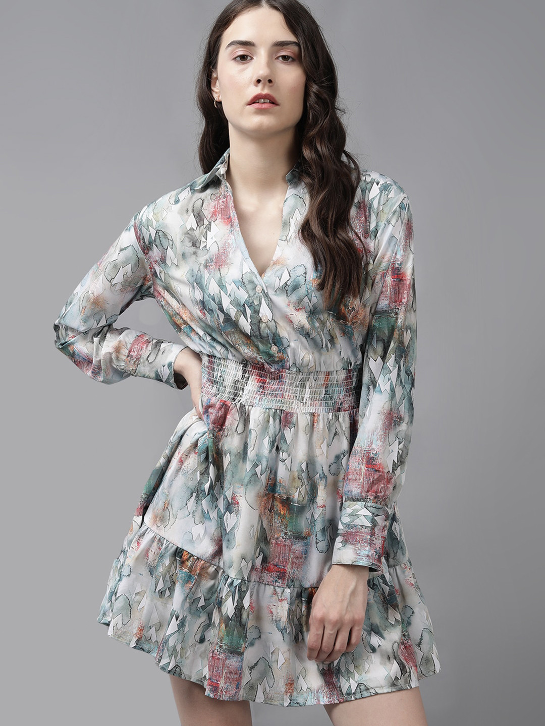 

Roadster Off White Abstract Printed Cuffed Sleeves Fit & Flare Dress