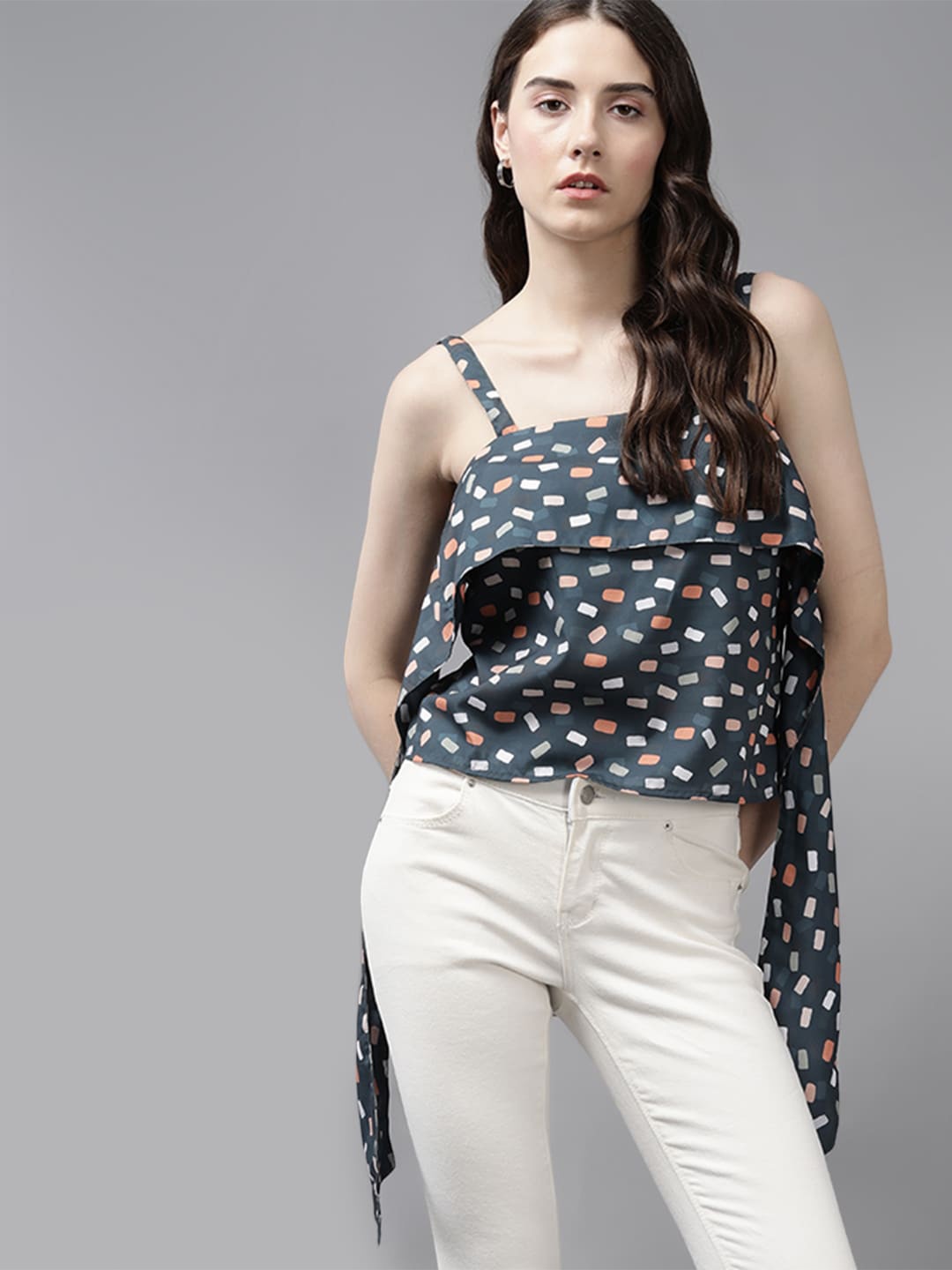 

Roadster Geometric Printed Sleeveless Crop Top, Grey