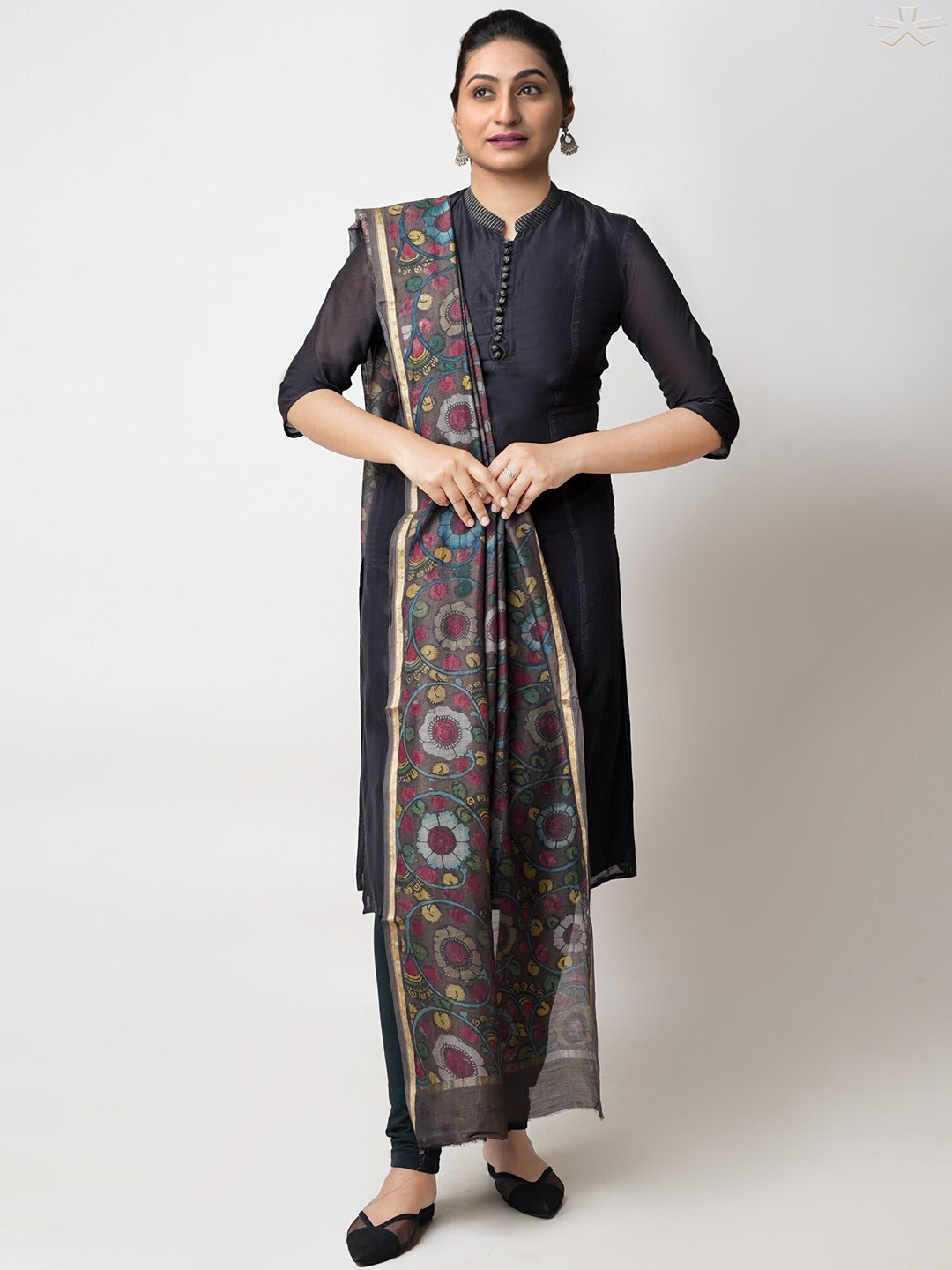 

Unnati Silks Ethnic Motifs Printed Cotton Silk Kalamkari Dupatta with Zari, Brown