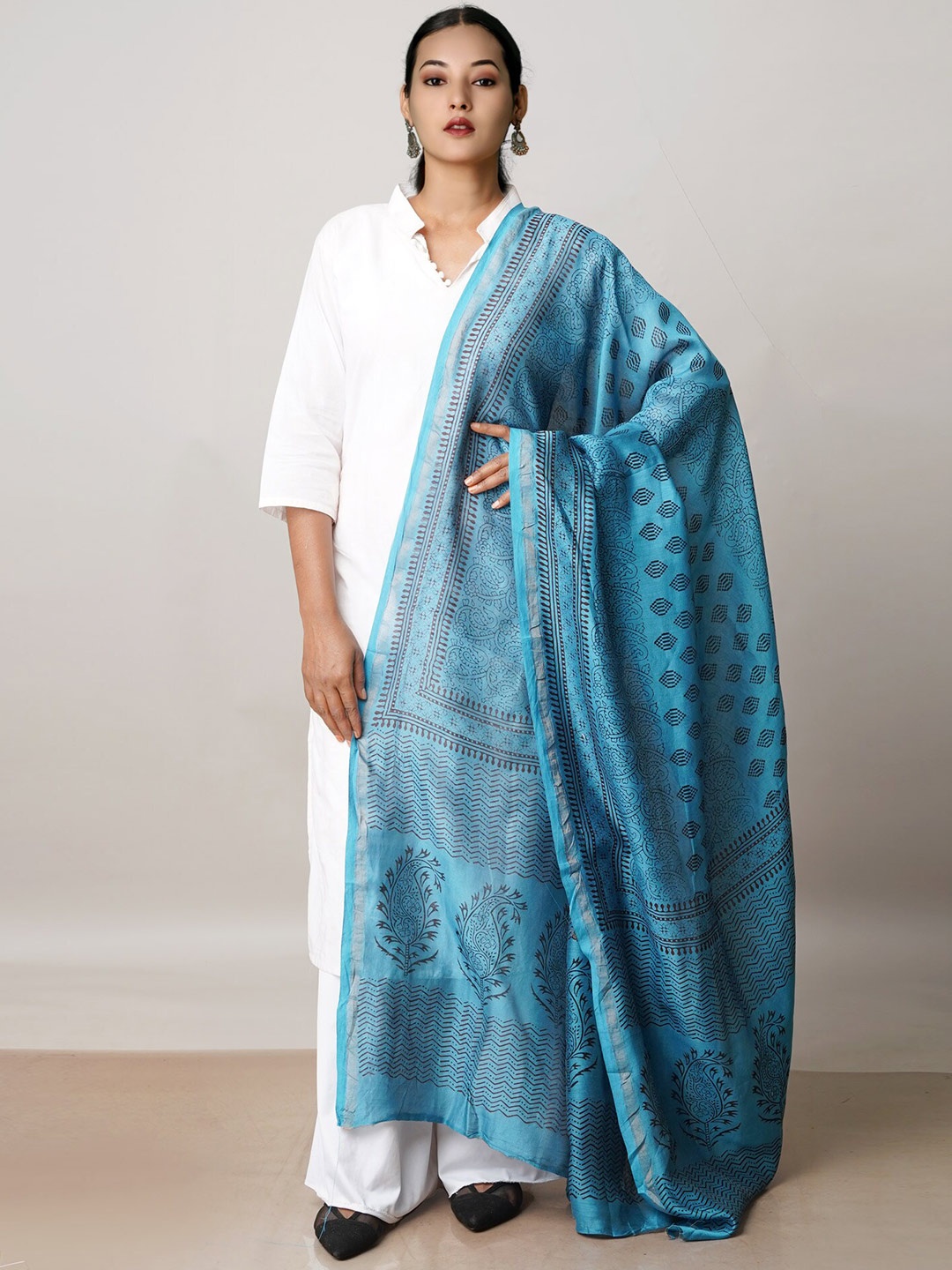 

Unnati Silks Paisley Printed Pure Cotton Block Print Dupatta, Blue
