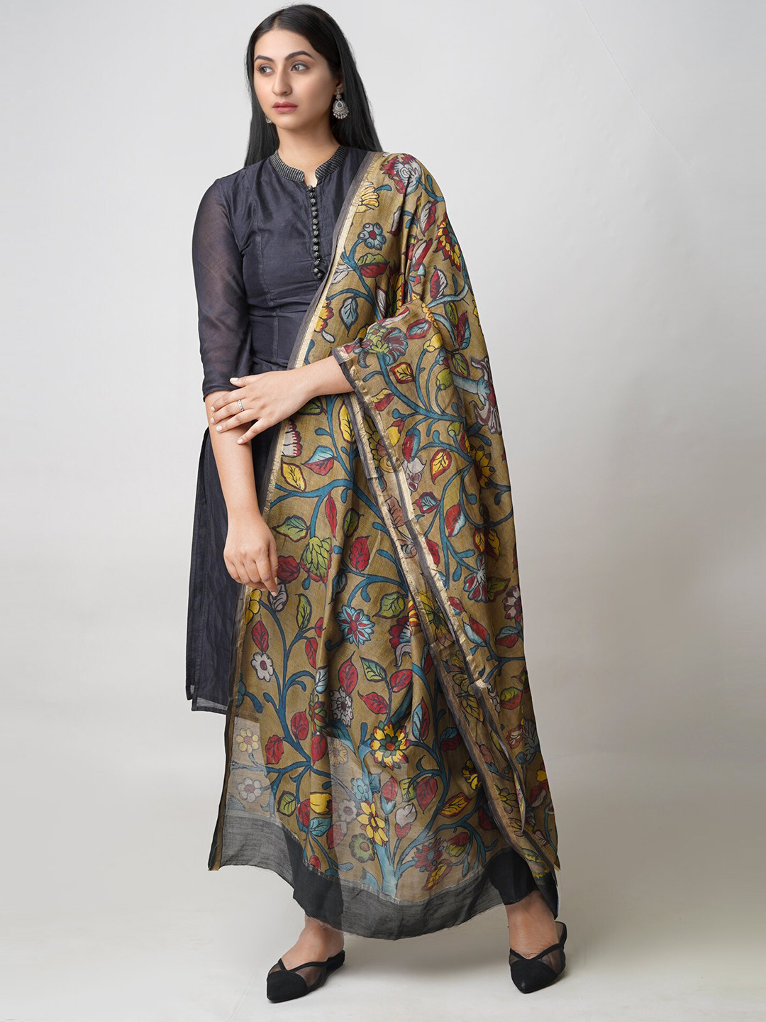 

Unnati Silks Floral Printed Zari Cotton Silk Kalamkari Dupatta, Brown
