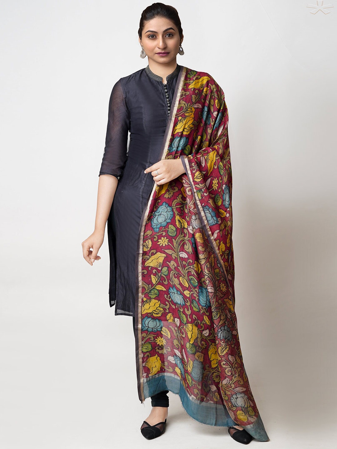 

Unnati Silks Ethnic Motifs Printed Cotton Silk Kalamkari Dupatta with Zari, Red