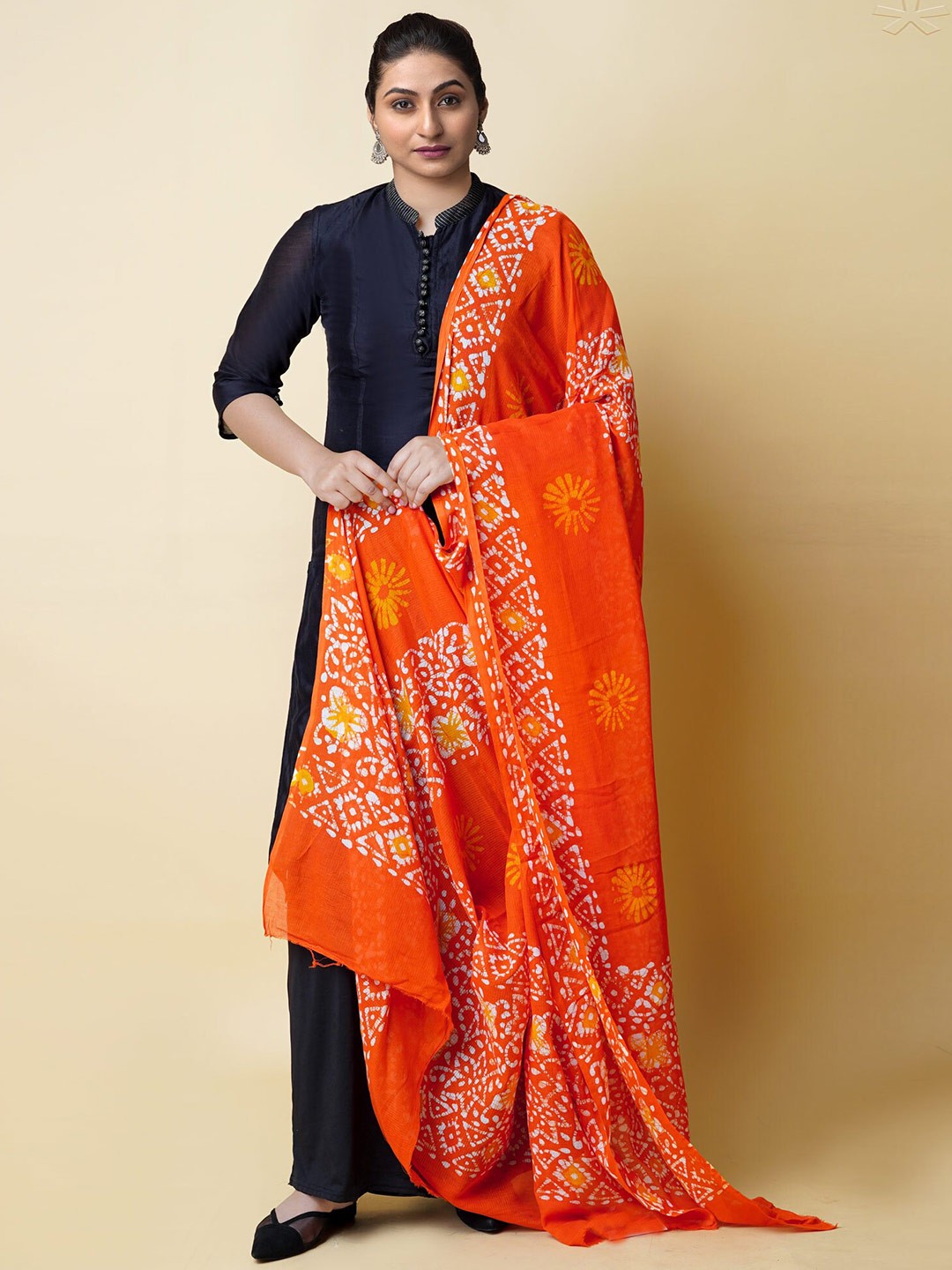 

Unnati Silks Ethnic Motifs Printed Pure Cotton Batik Dupatta, Orange