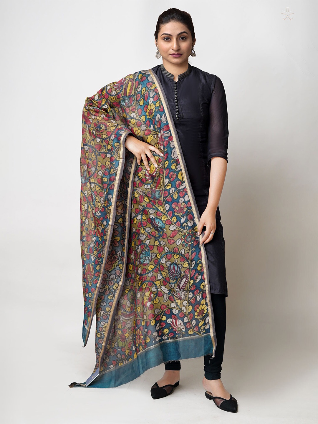 

Unnati Silks Ethnic Motifs Printed Cotton Silk Kalamkari Dupatta, Green