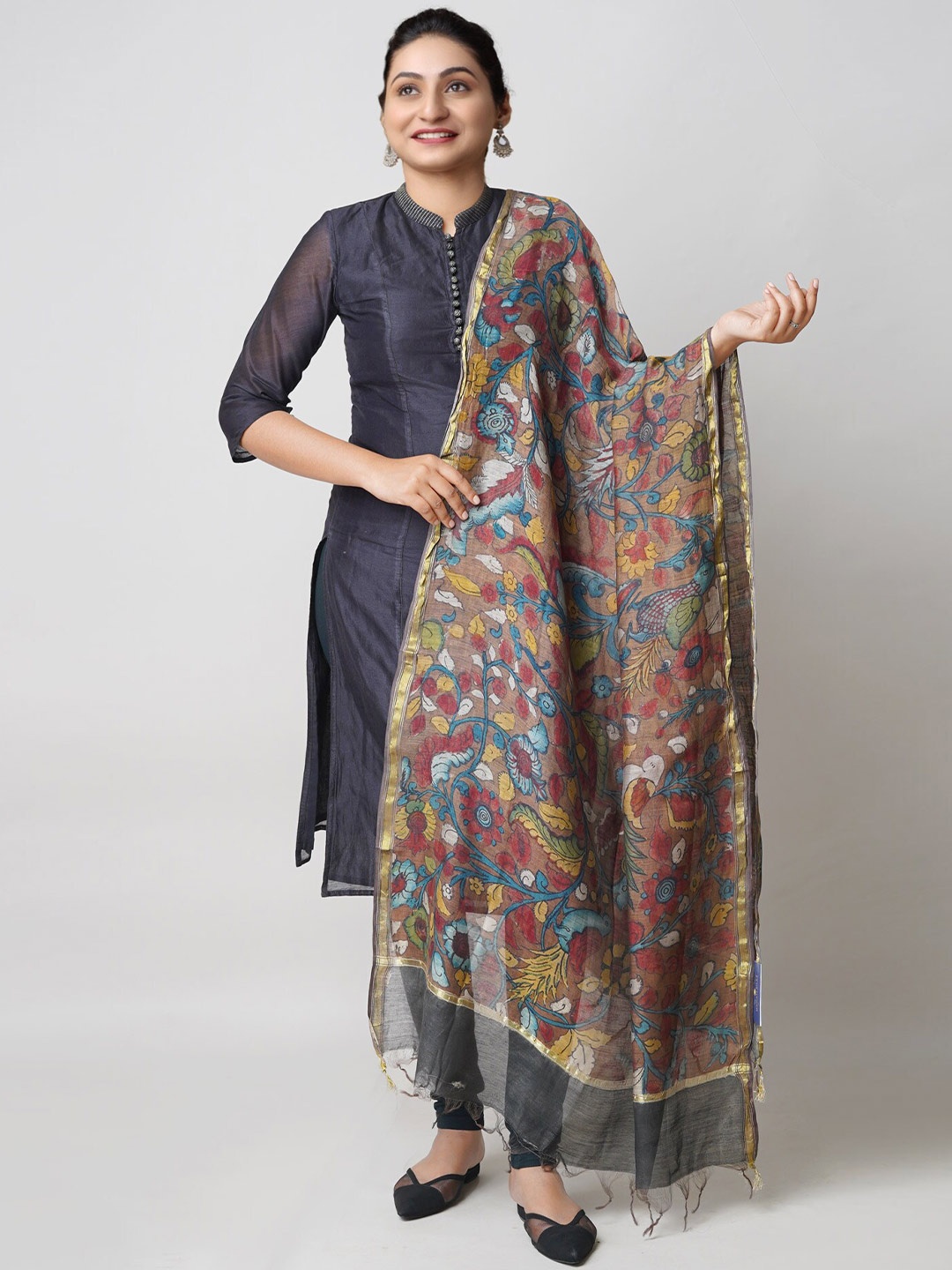 

Unnati Silks Ethnic Motifs Printed Cotton Silk Kalamkari Dupatta, Brown