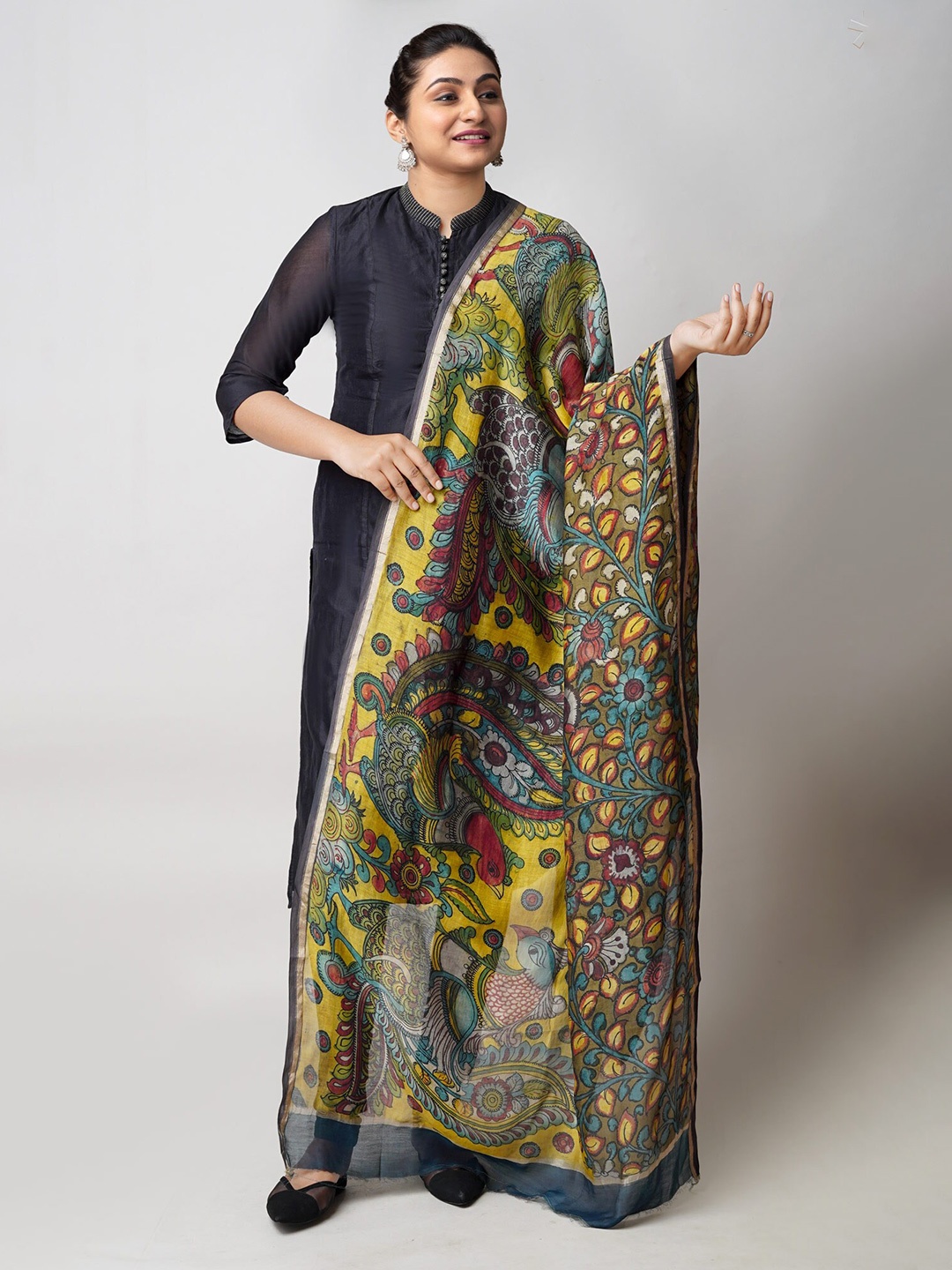 

Unnati Silks Ethnic Motifs Printed Cotton Silk Kalamkari Dupatta, Yellow