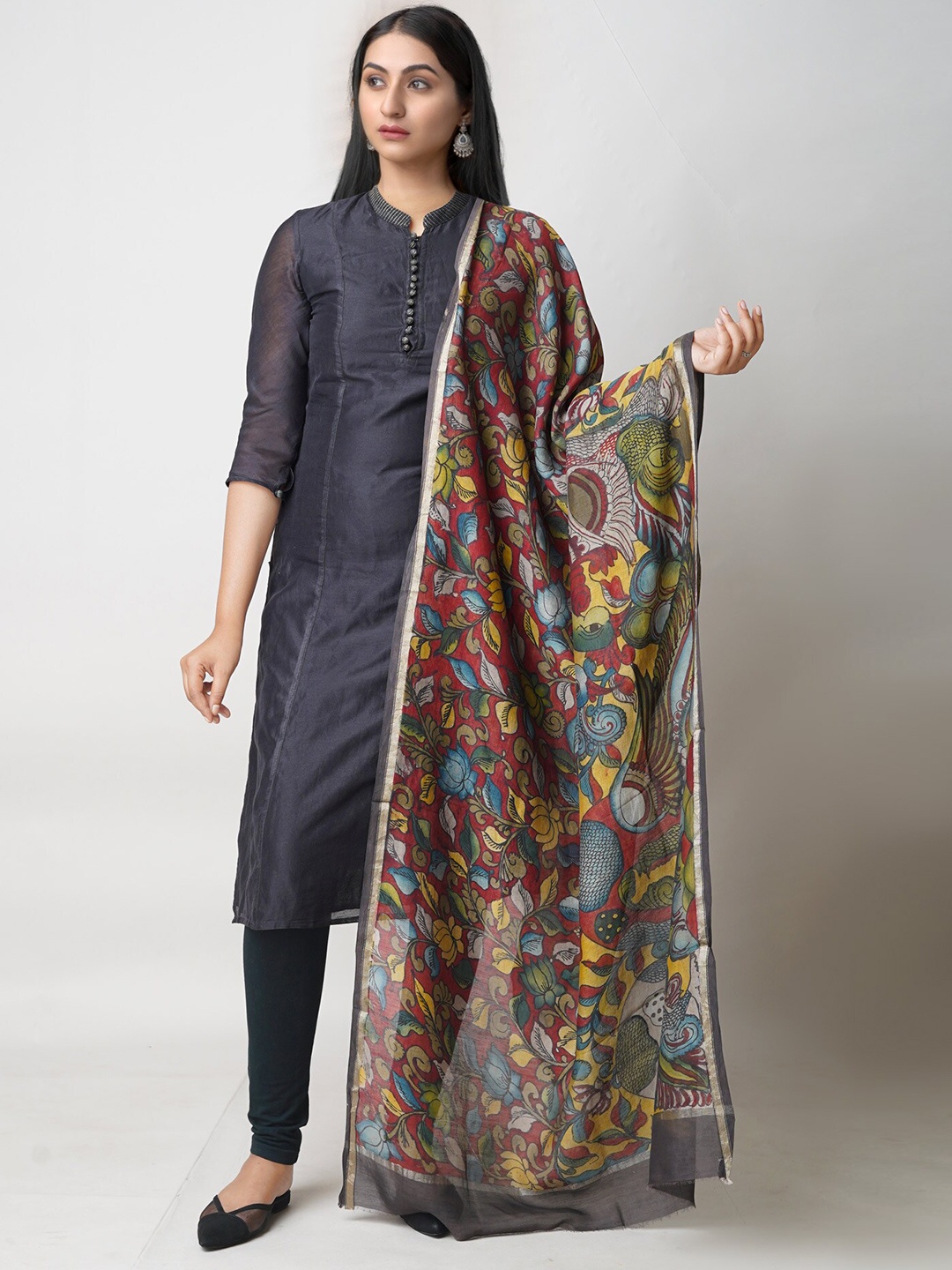 

Unnati Silks Ethnic Motifs Printed Cotton Silk Kalamkari Dupatta, Red