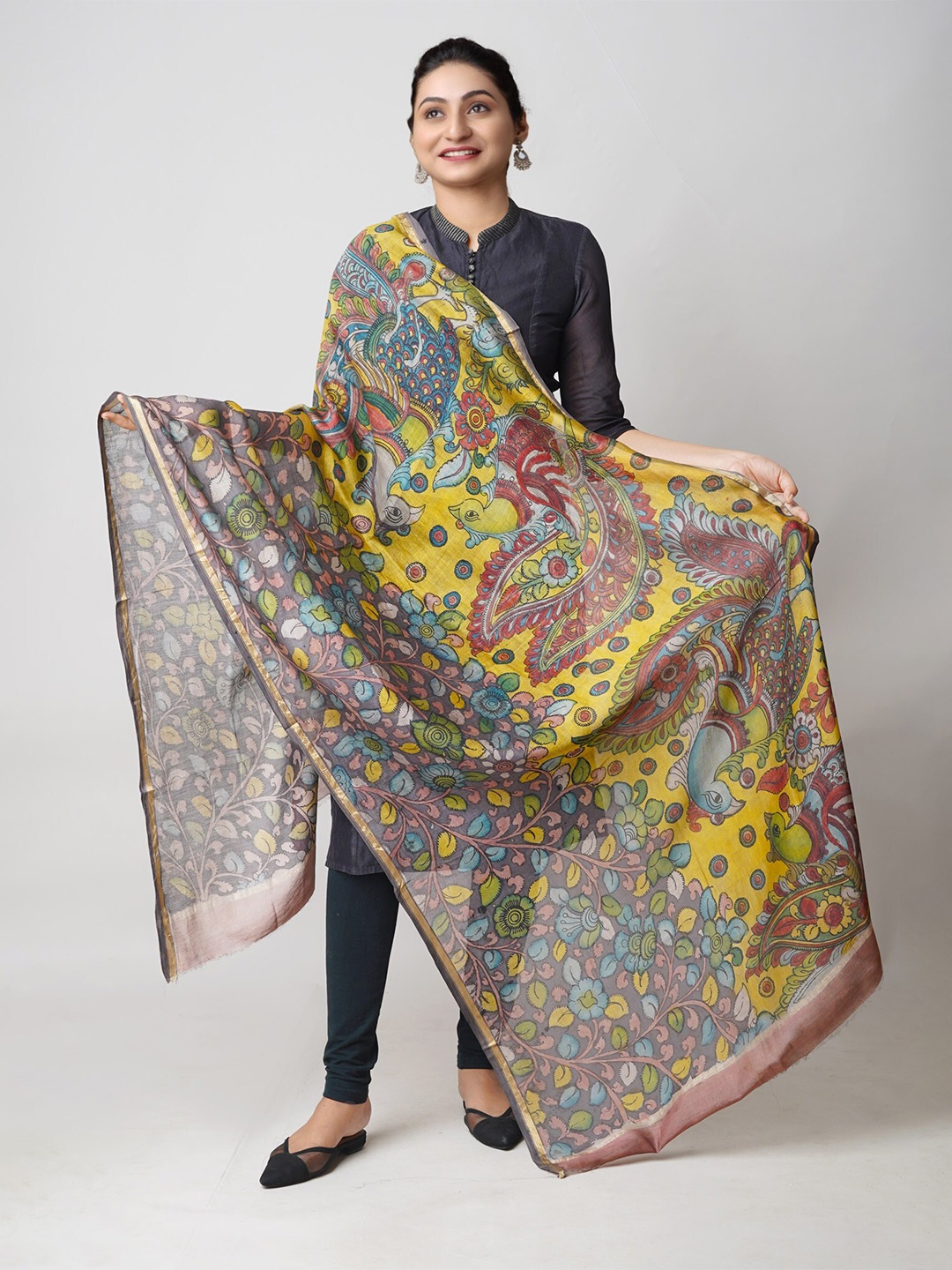 

Unnati Silks Ethnic Motifs Printed Cotton Silk Kalamkari Dupatta With Zari, Yellow