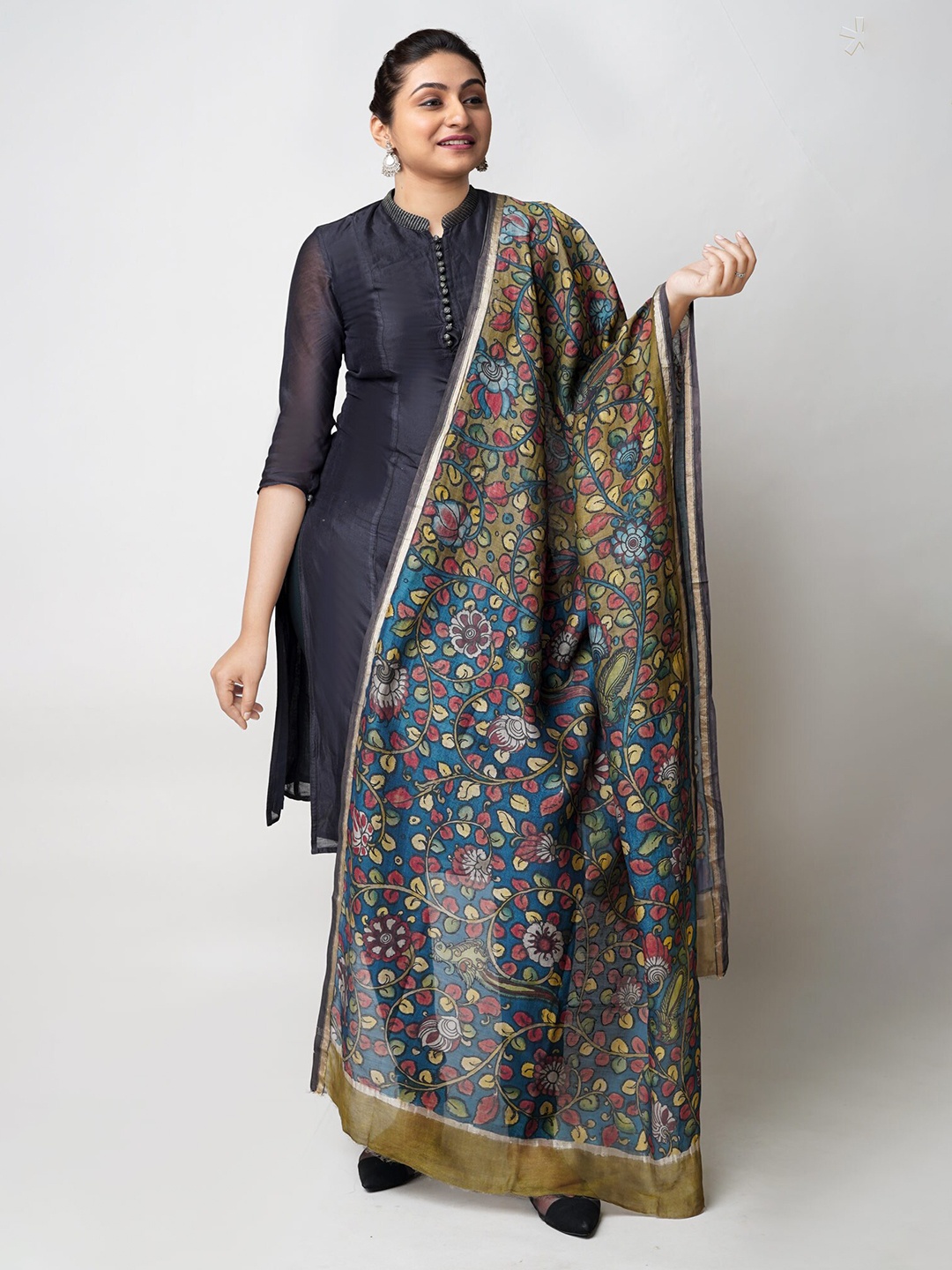 

Unnati Silks Ethnic Motifs Printed Kalamkari Cotton Silk Dupatta, Blue