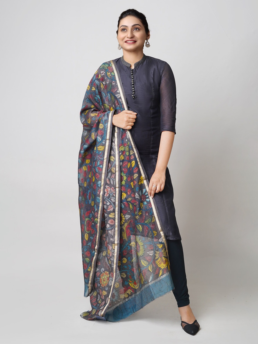

Unnati Silks Ethnic Motifs Printed Kalamkari Cotton Silk Dupatta, Brown