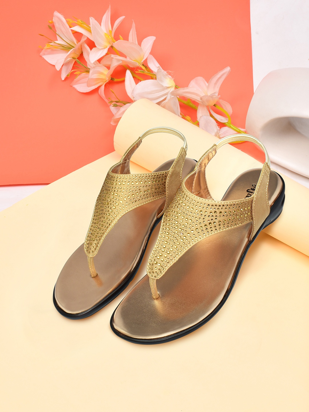 

Ajanta Ethnic Embellished T-Strap Flats, Beige