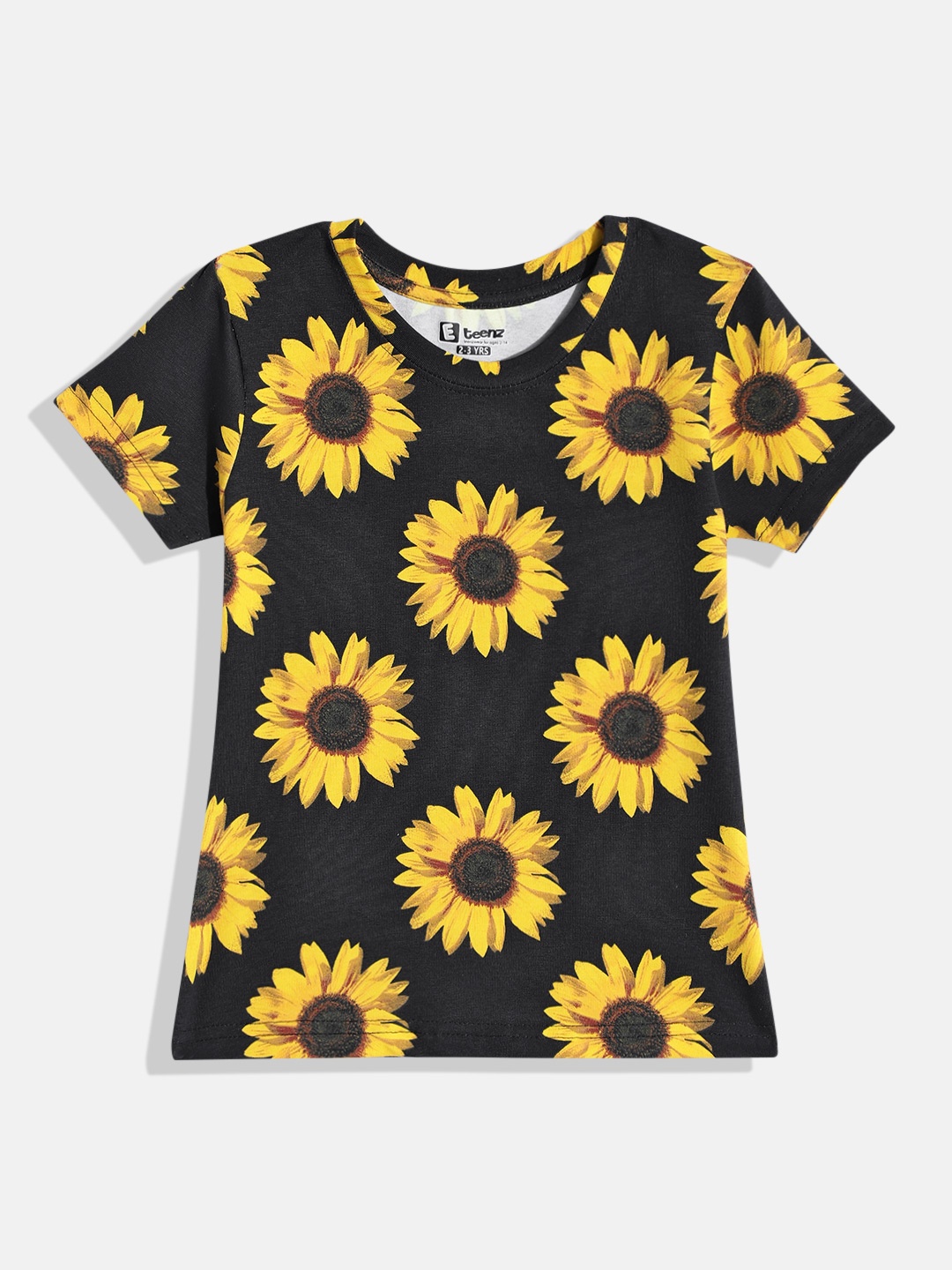 

Eteenz Girls Floral Printed Premium Cotton T-shirt, Black