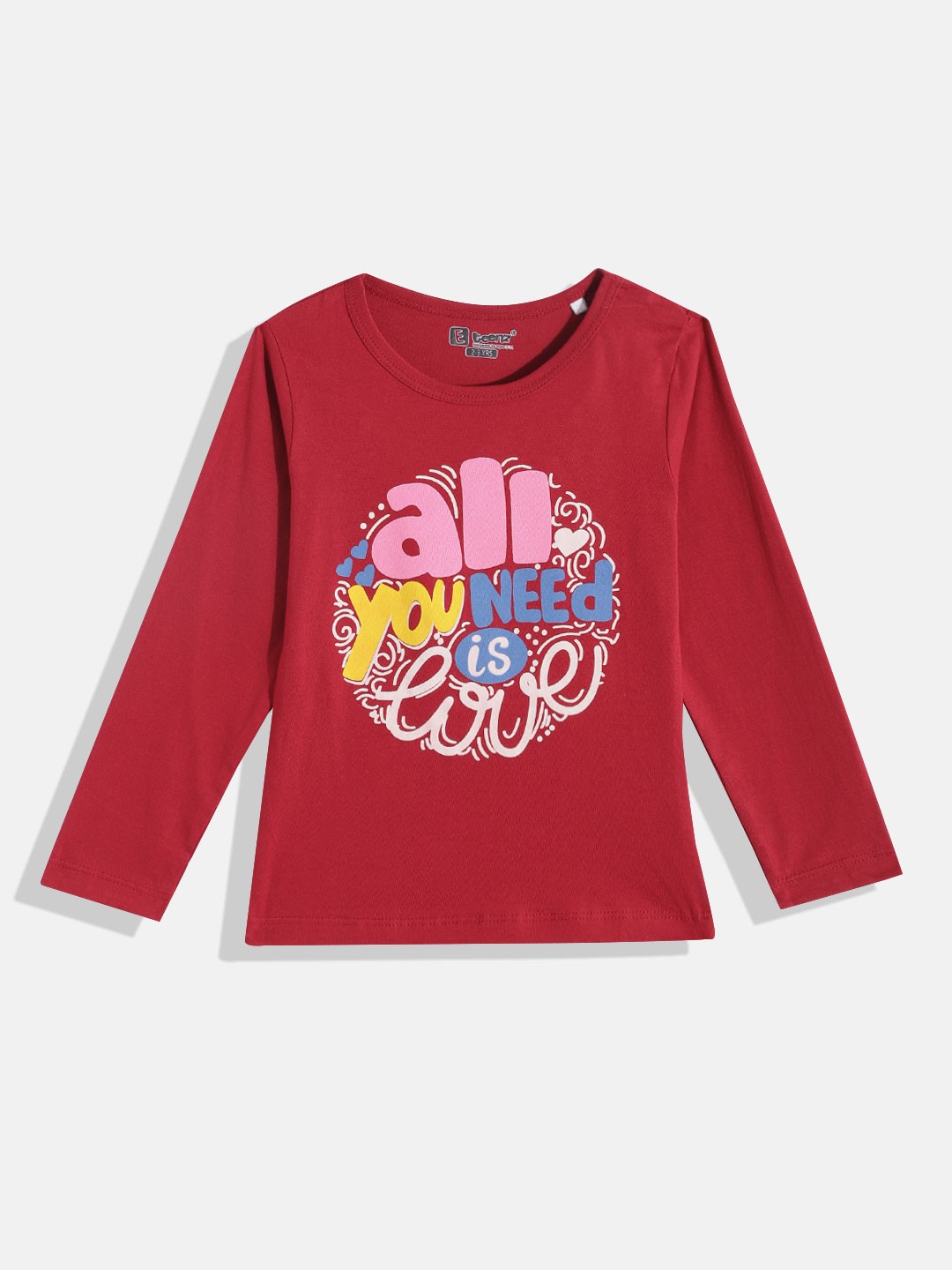 

Eteenz Girls Typography Printed Pure Cotton T-shirt, Red
