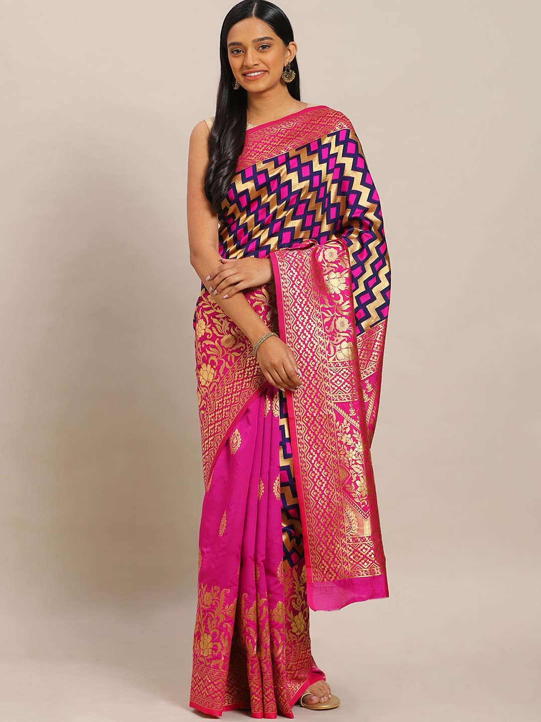 

Sangria Geometric Woven Design Banarasi Saree, Pink