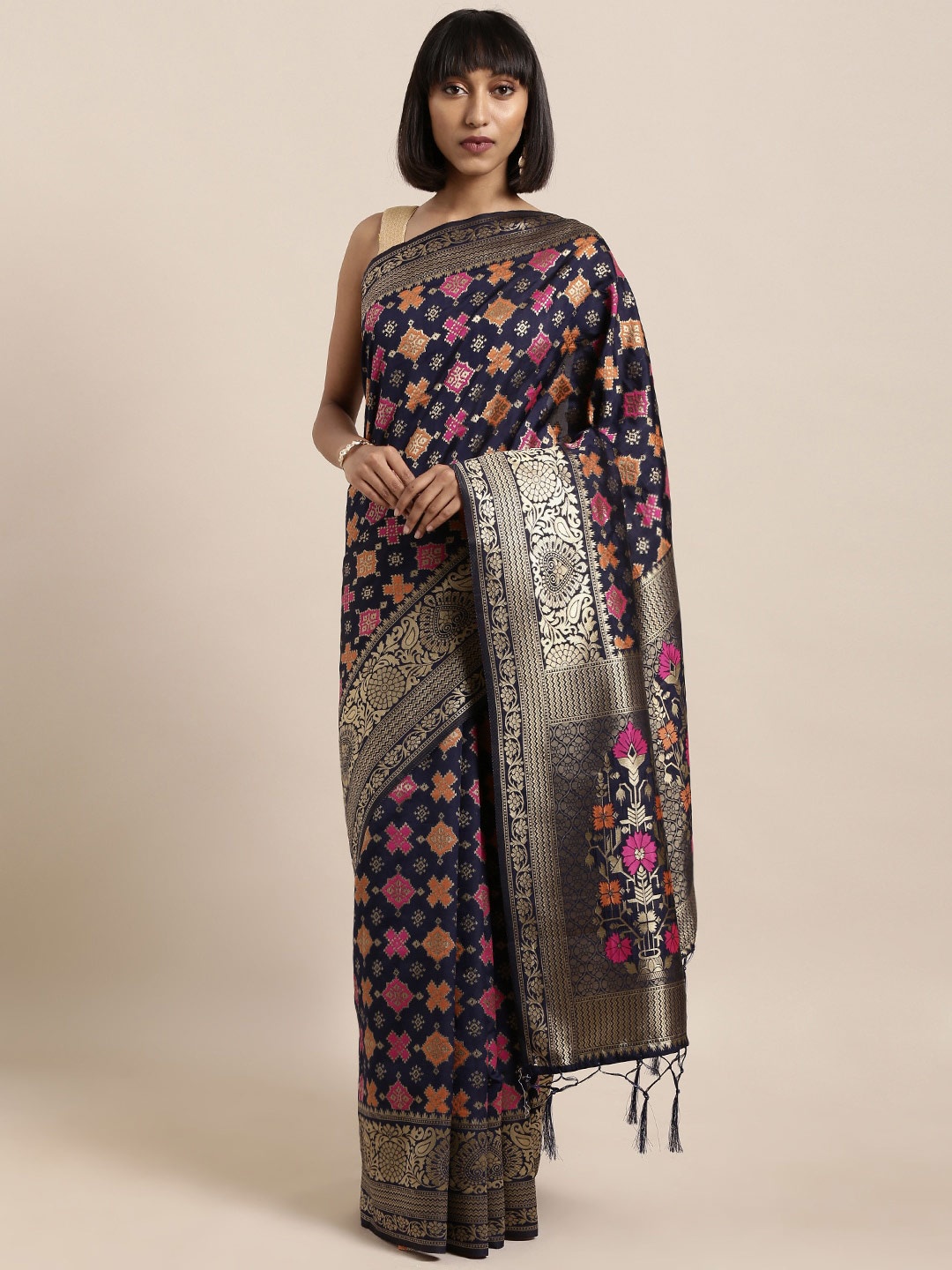 

Sangria Ethnic Motifs Woven Design Zari Saree, Navy blue
