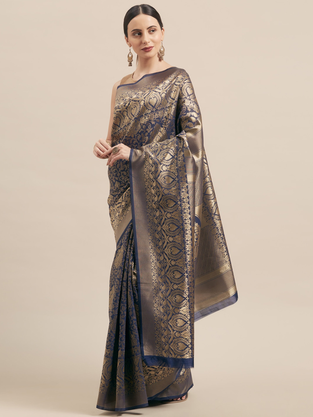 

Sangria Woven-Designed Saree With Blouse Piece, Navy blue