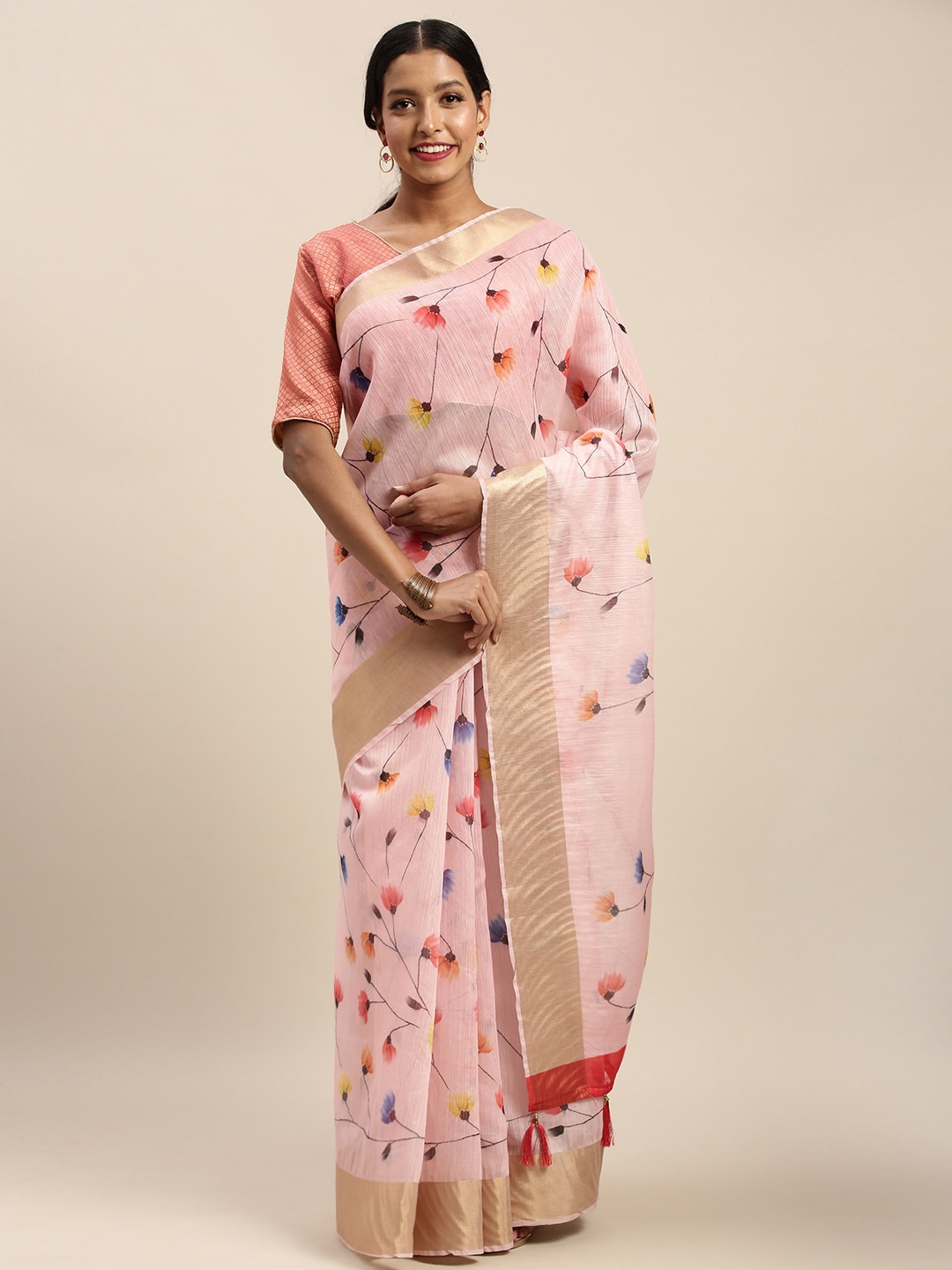 

Sangria Pink Floral Printed Zari Saree