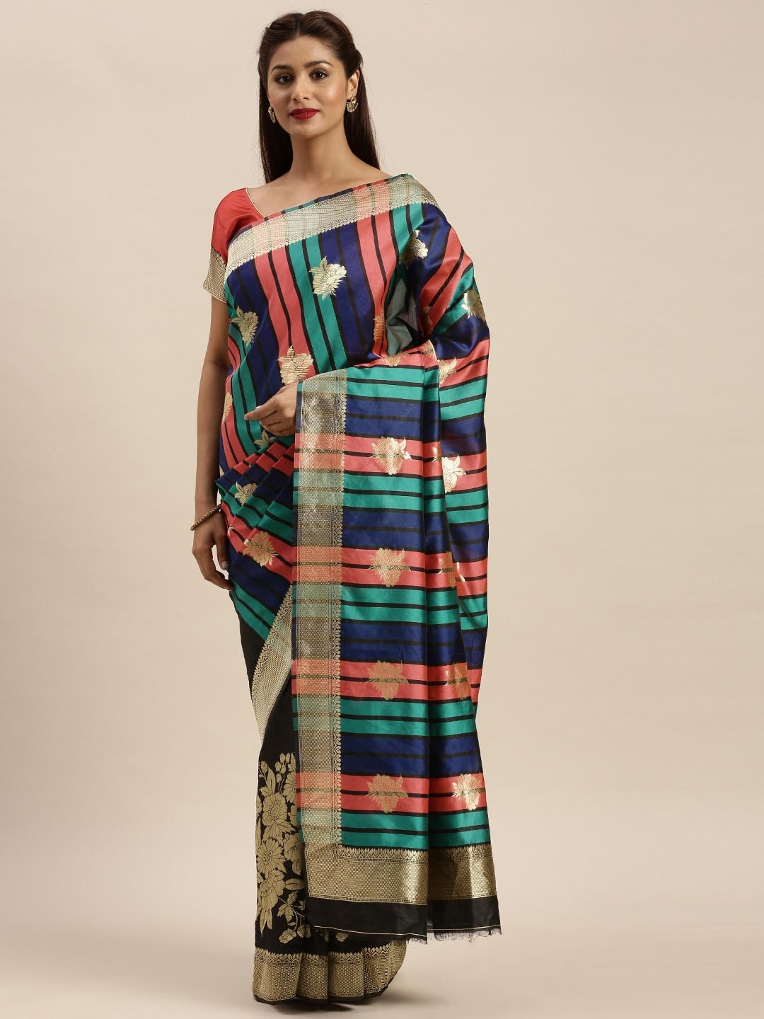 

Sangria Black Floral Woven Design Zari Banarasi Saree