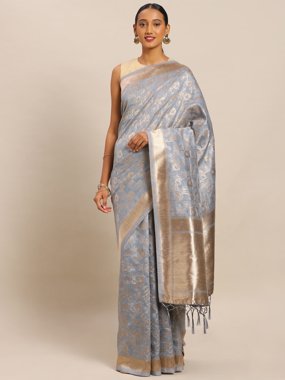 

Sangria Grey Floral Woven Design Zari Banarasi Saree