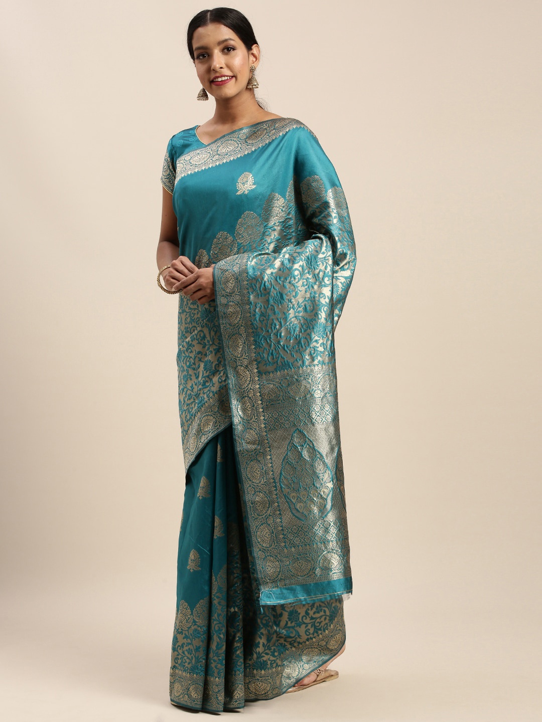 

Sangria Teal Green Floral Woven Design Zari Kanjeevaram Saree
