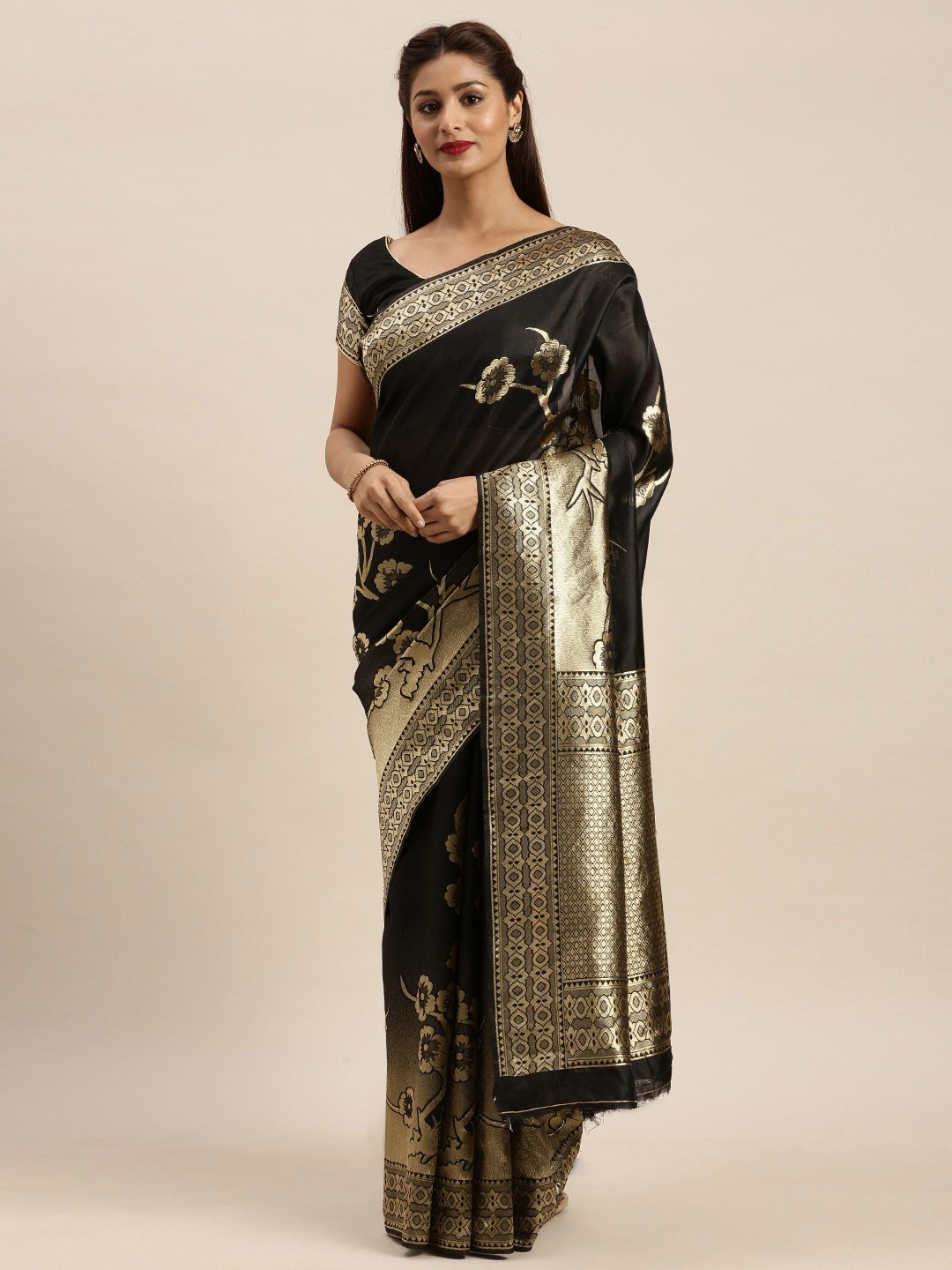

Sangria Floral Woven-Design Zari Saree, Black