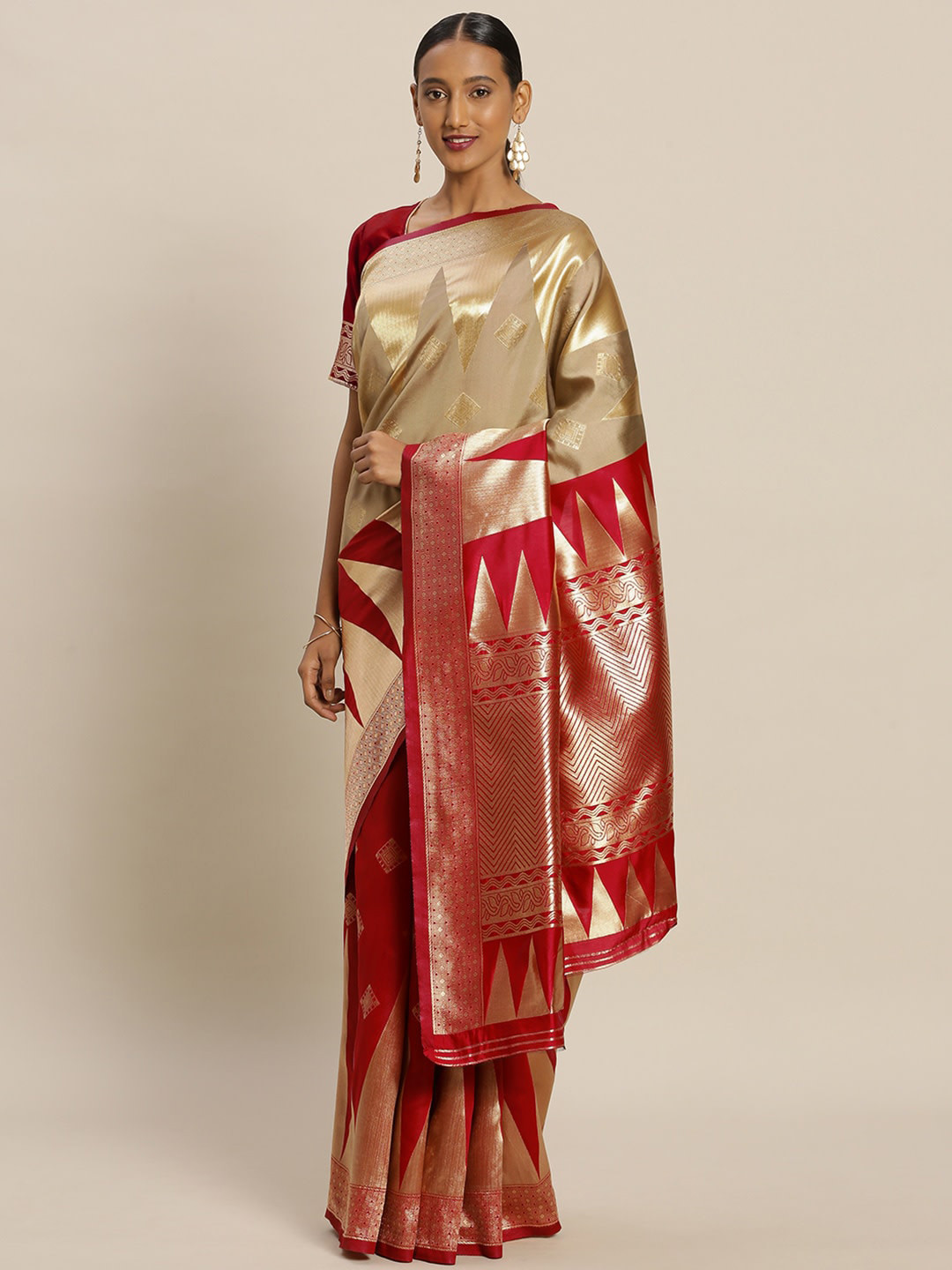 

Sangria Gold Toned Ethnic Motifs Woven Design Sarees