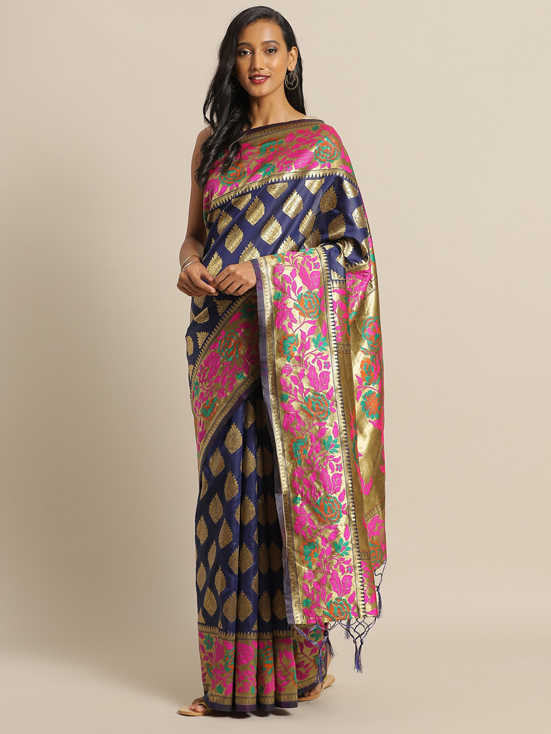 

Sangria Ethnic Motifs Woven Design Zari Saree, Navy blue
