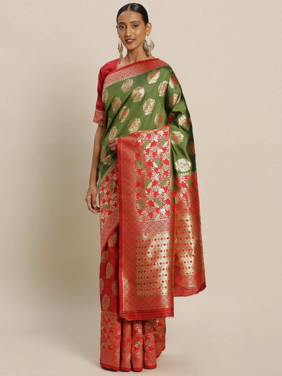 

Sangria Green Ethnic Motifs Woven Design Zari Saree, Red