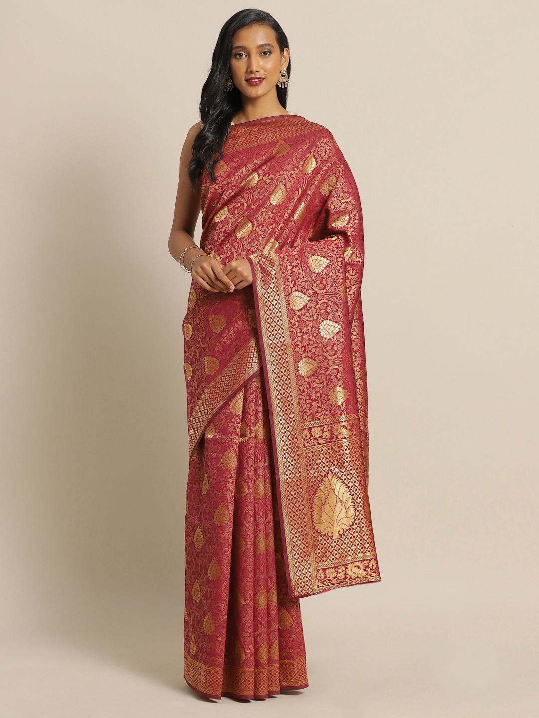 

Sangria Ethnic Motifs Woven Design Zari Detail Saree, Maroon