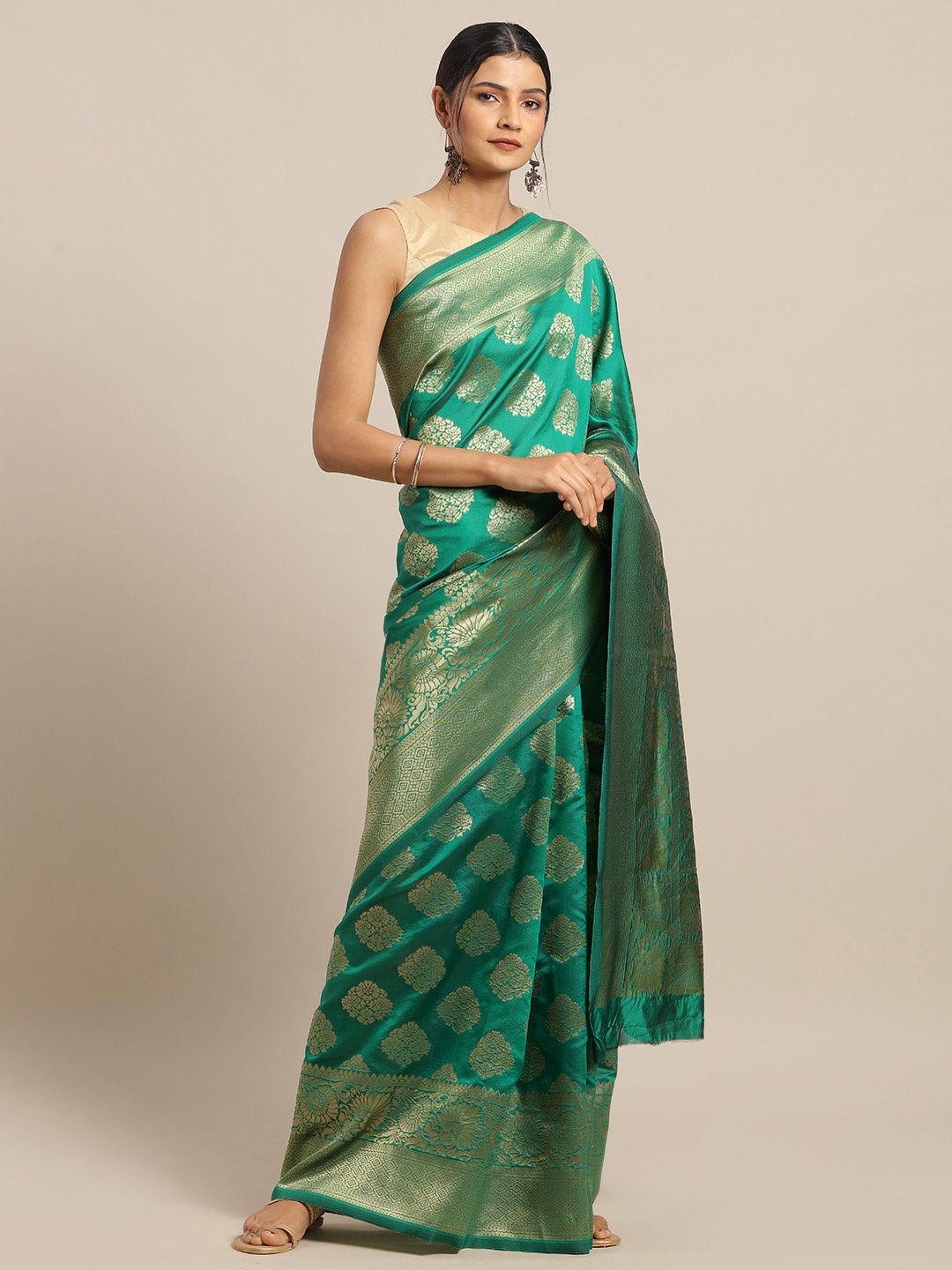 

Sangria Ethnic Motifs Woven Design Zari Deatil Sarees, Green