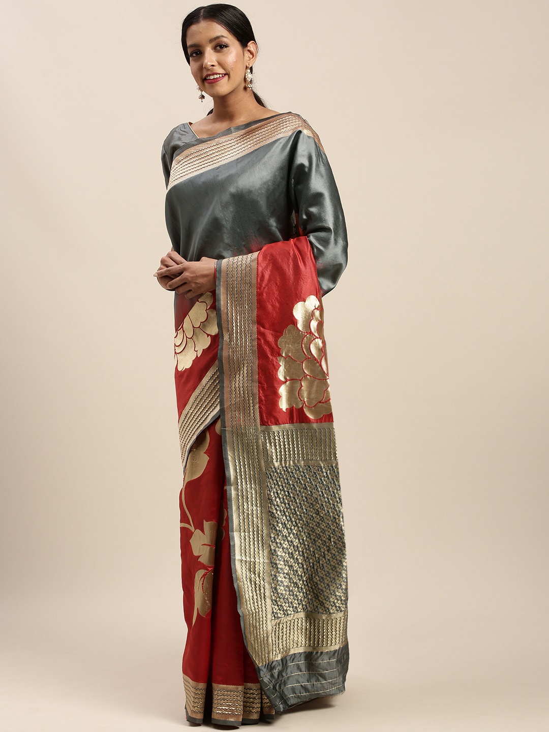 

Sangria Grey & Red Floral Woven Design Zari Detailed Saree