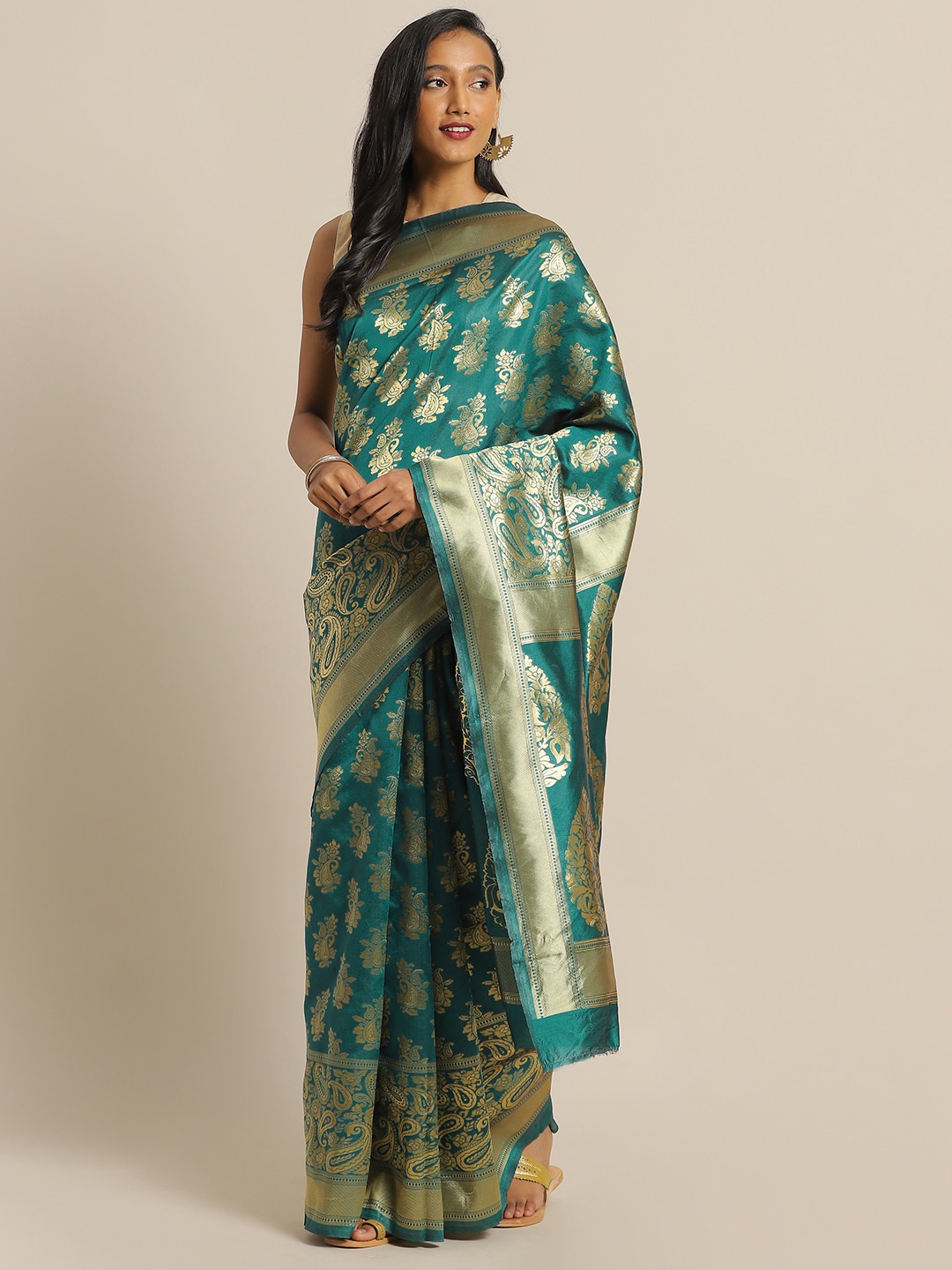 

Sangria Floral Woven-Design Zari Saree, Green