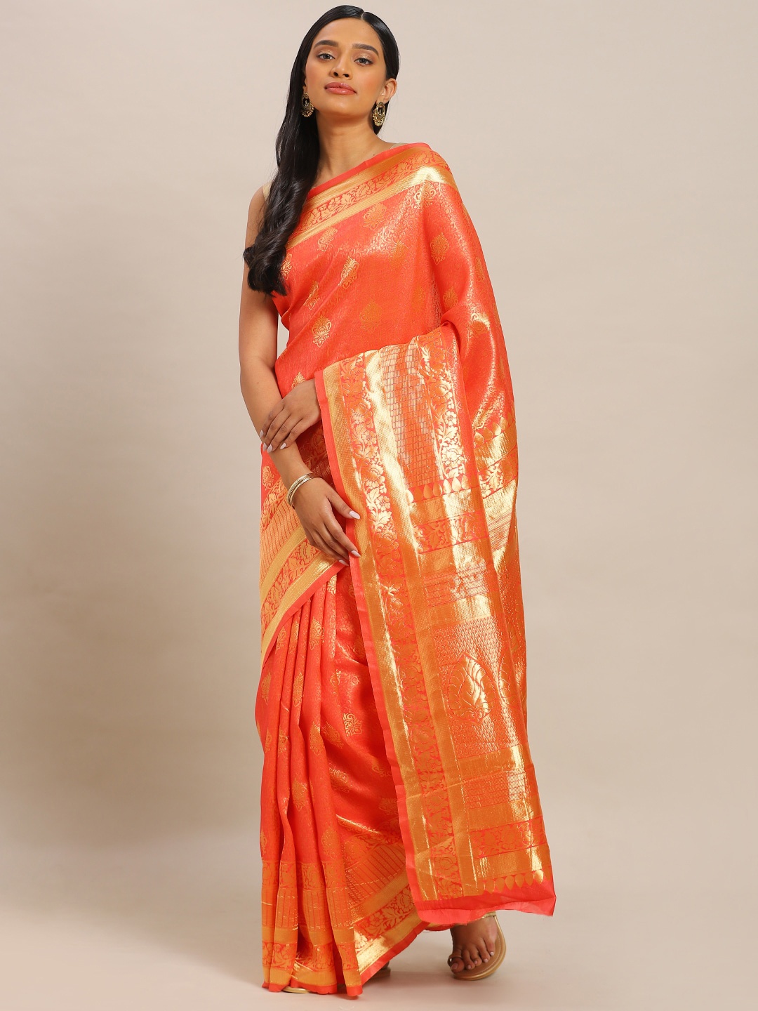 

Sangria Ethnic Motifs Woven Design Zari Designer Banarasi Sarees, Orange