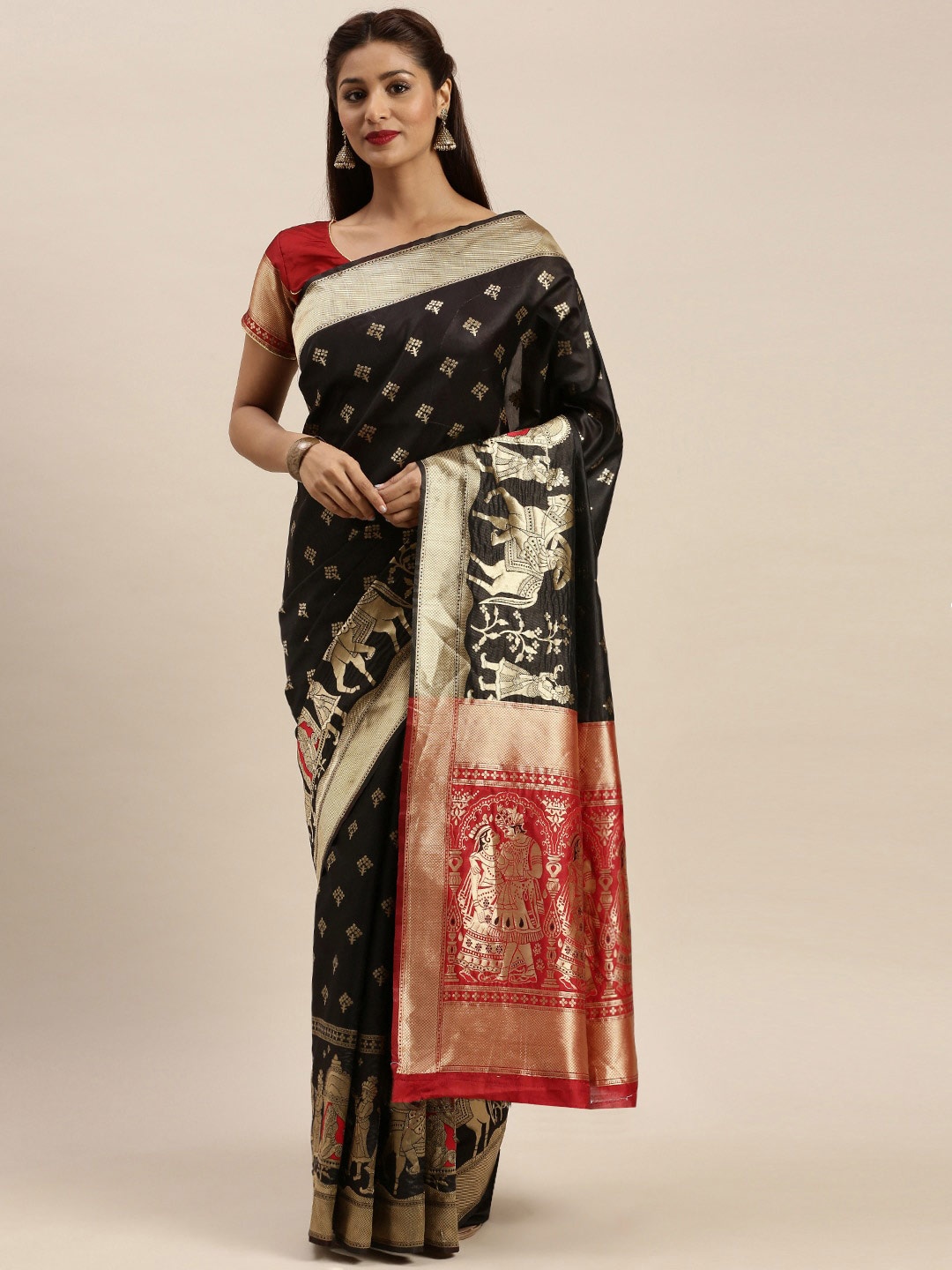 

Sangria Ethnic Motifs Woven Design Sarees, Black