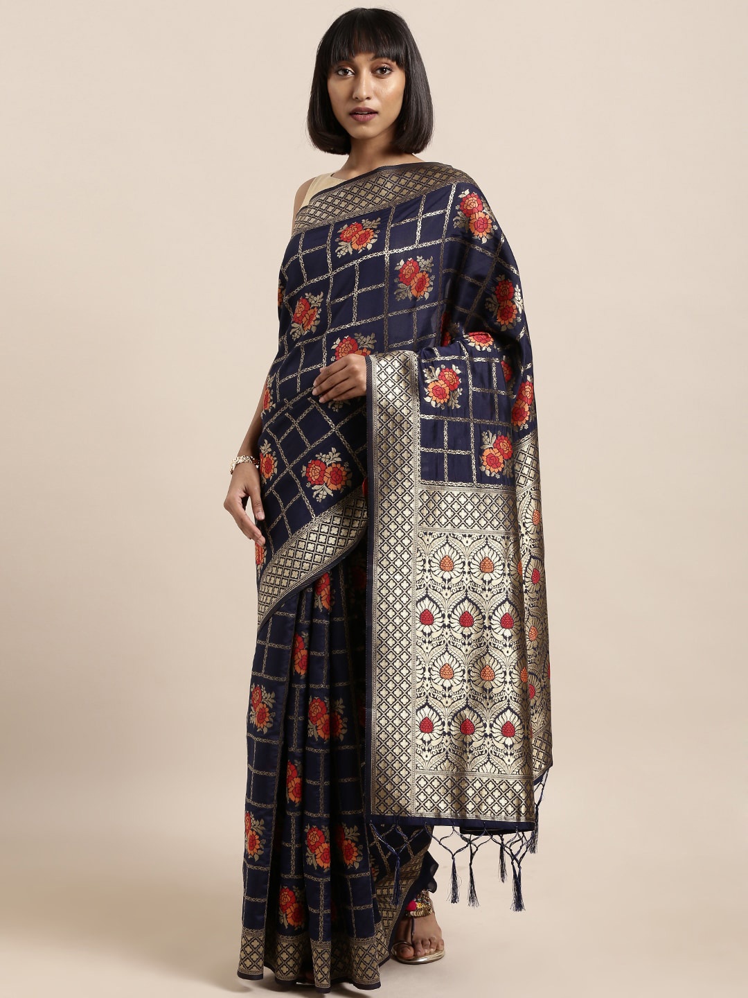

Sangria Ethnic Motifs Woven Design Zari Sarees, Navy blue