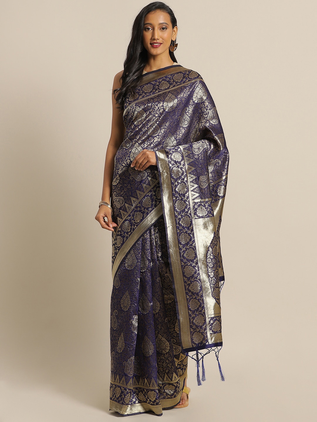 

Sangria Navy Blue Woven Design Zari Kanjeevaram Saree