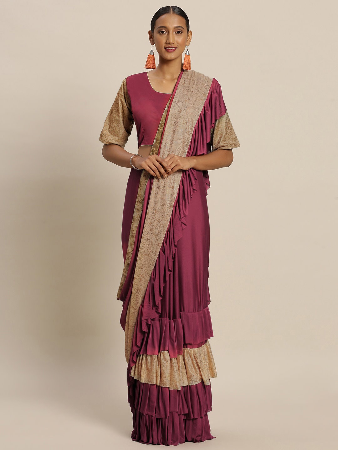 

Sangria Maroon & Gold-Toned Solid Ruffled Saree