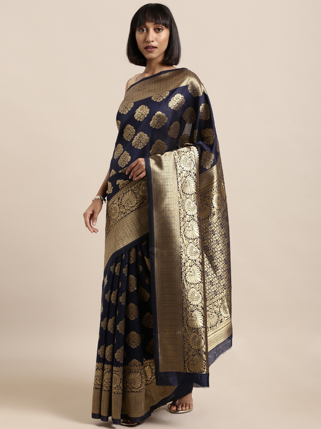 

Sangria Woven Design Zari Saree, Navy blue