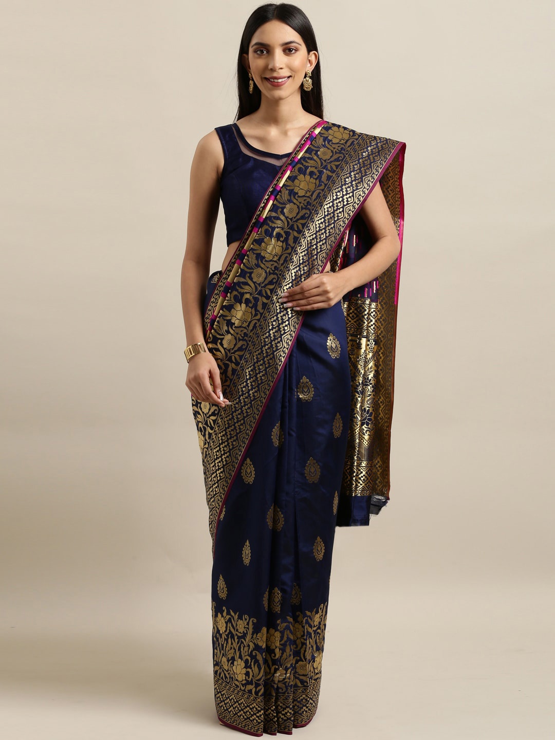 

Sangria Ethnic Motifs Woven Design Zari Deatil Sarees, Navy blue