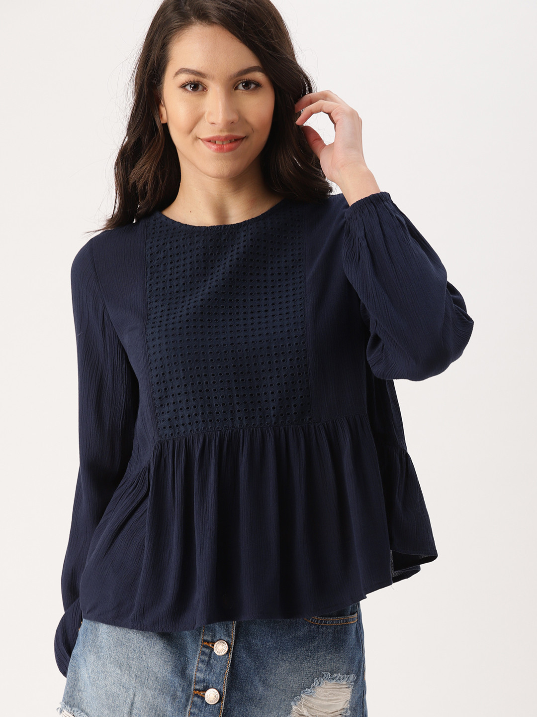 

DressBerry Women Navy Blue Solid Top